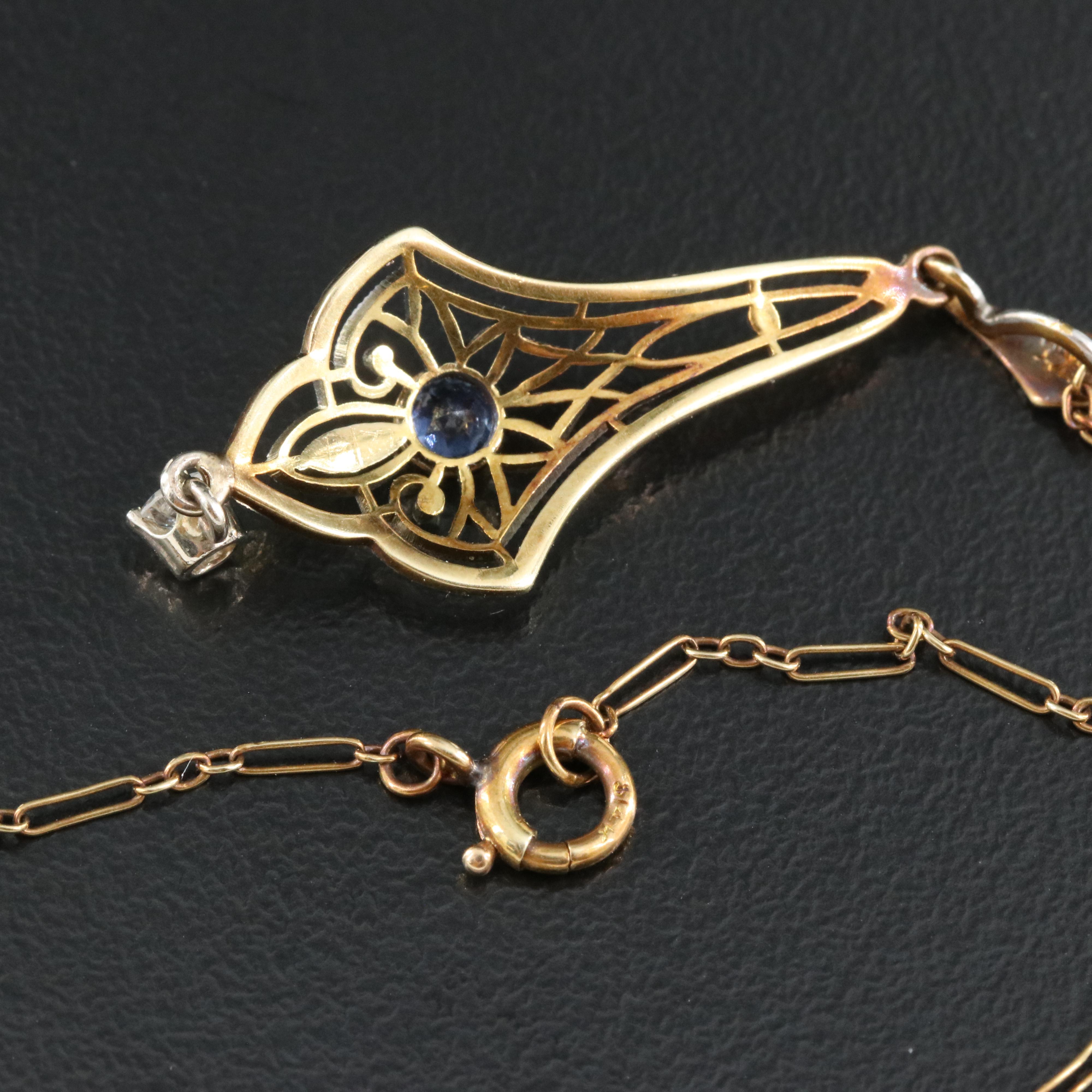 Art Deco Krementz Platinum and 14K 0.09 CTW Diamond and Sapphire Necklace