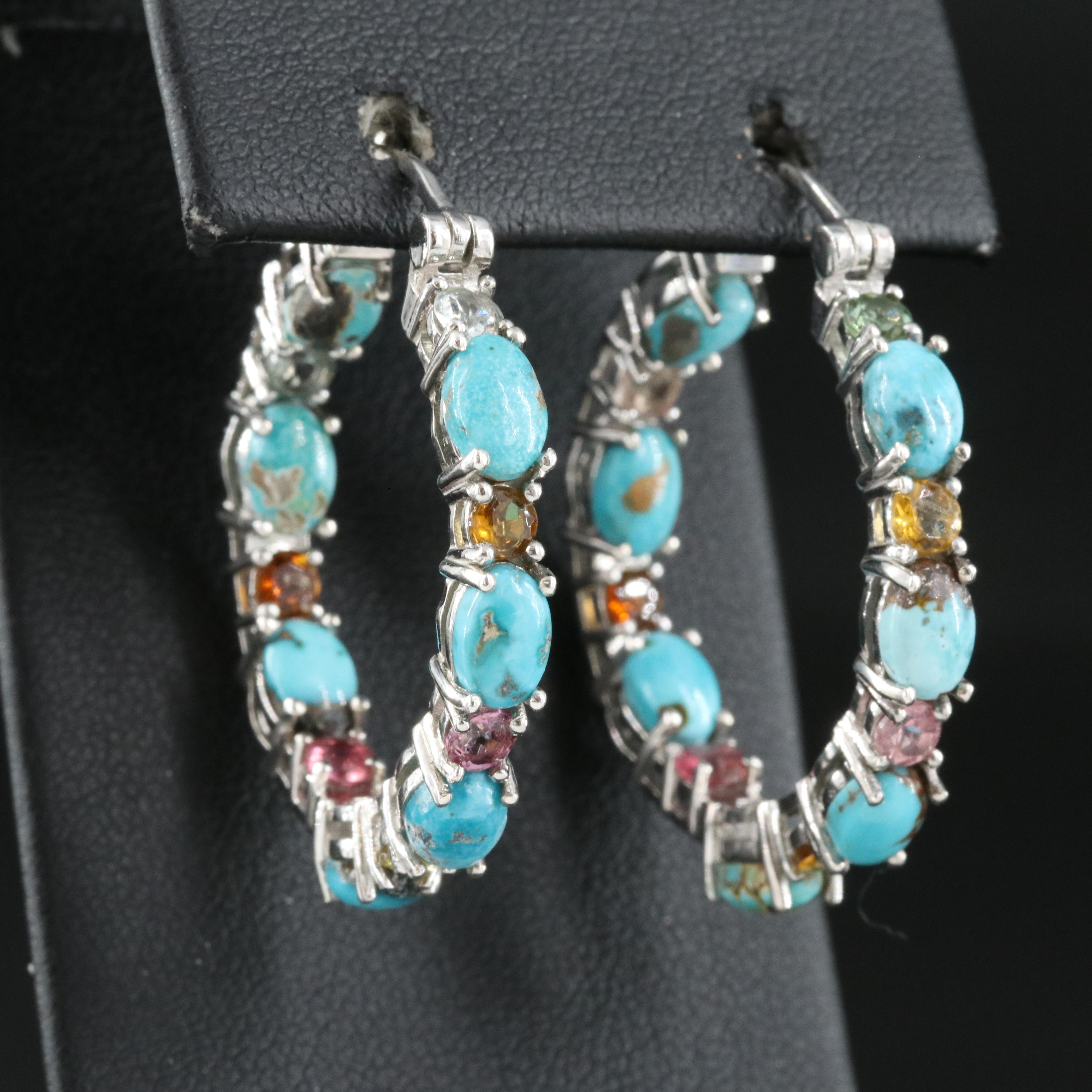 Sterling Inside-Out Hoop Earrings Including Turquoise, Tourmaline and Citrine