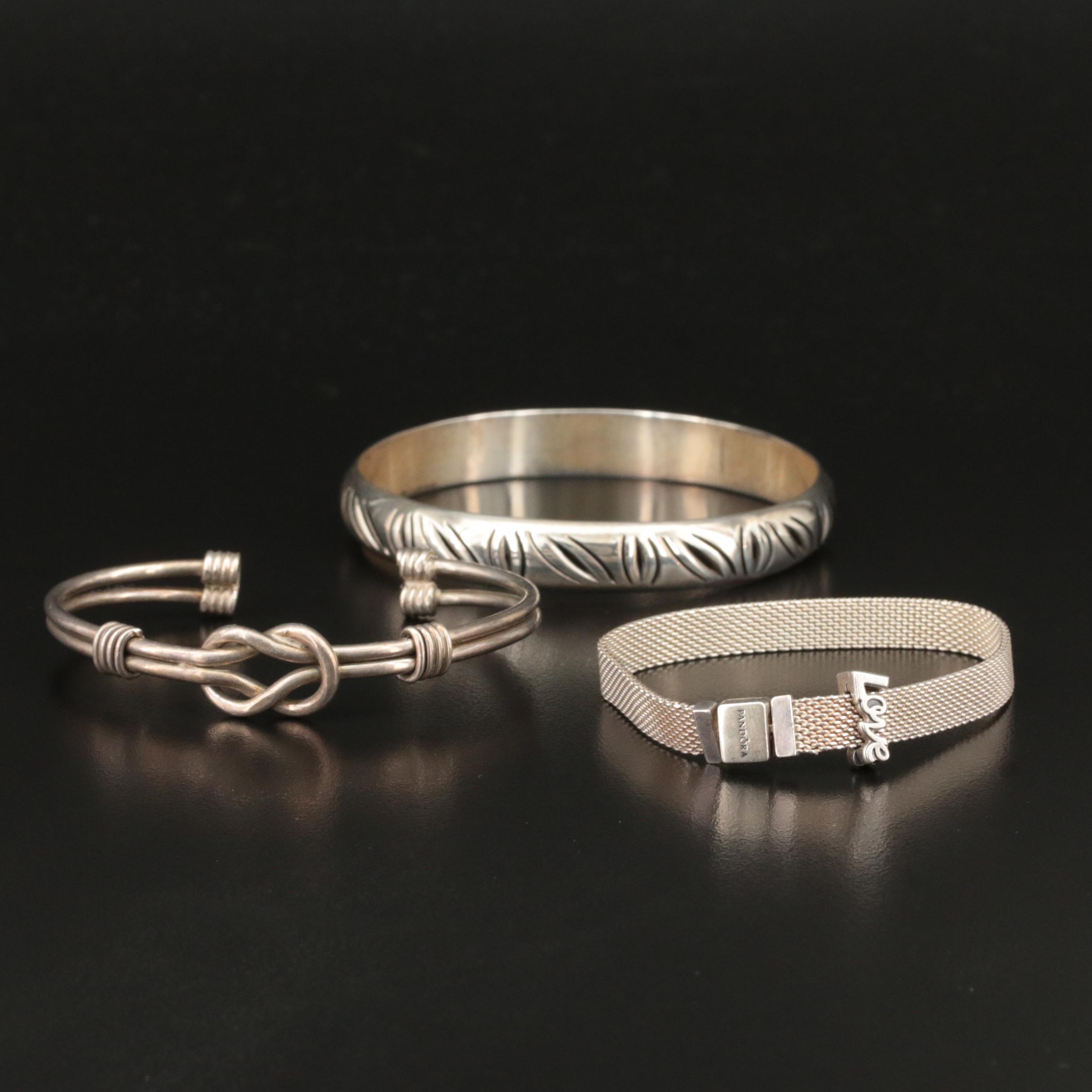 Pandora Mesh Bracelet with Love Clip, Mexican Bangle and Knot Cuff in Sterling