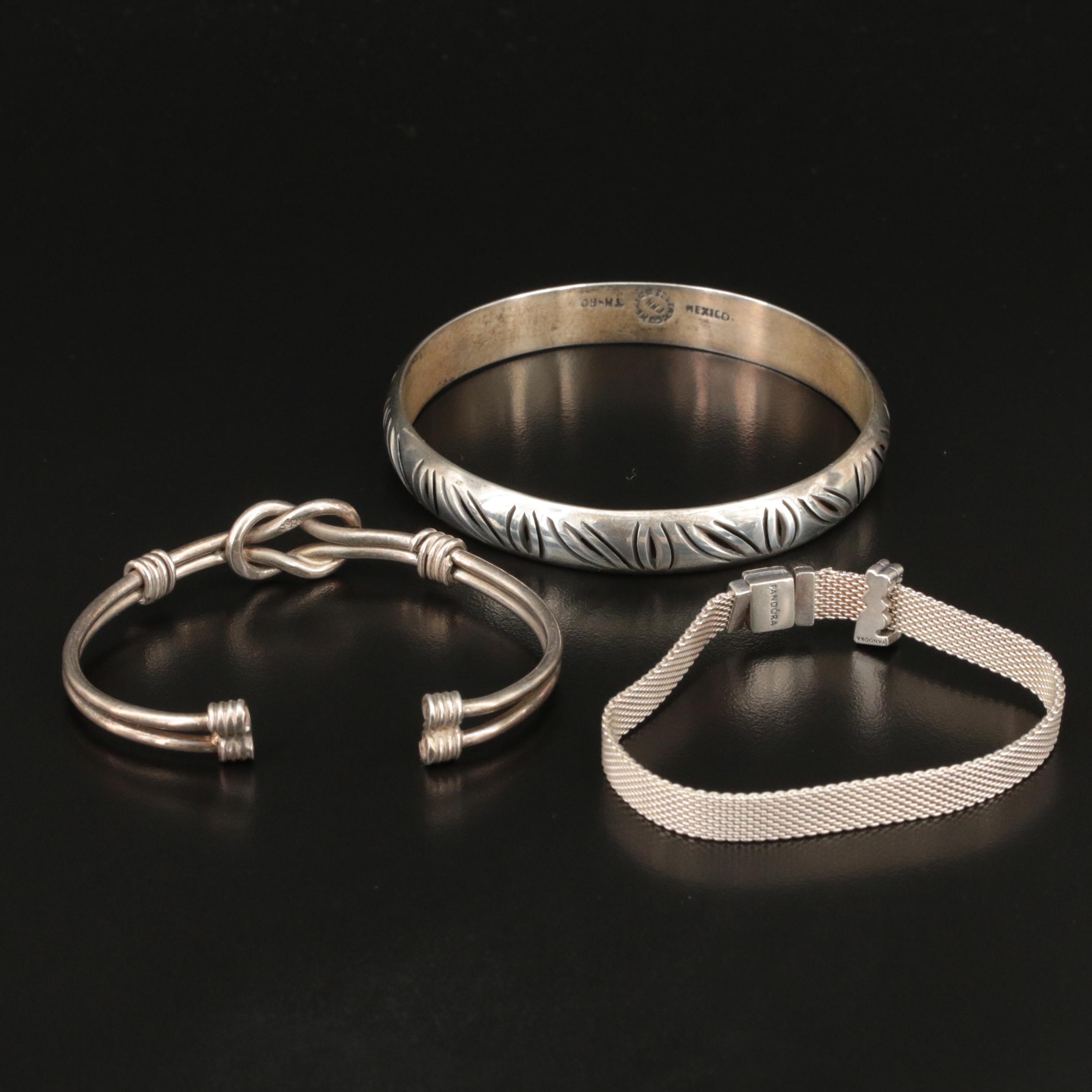 Pandora Mesh Bracelet with Love Clip, Mexican Bangle and Knot Cuff in Sterling
