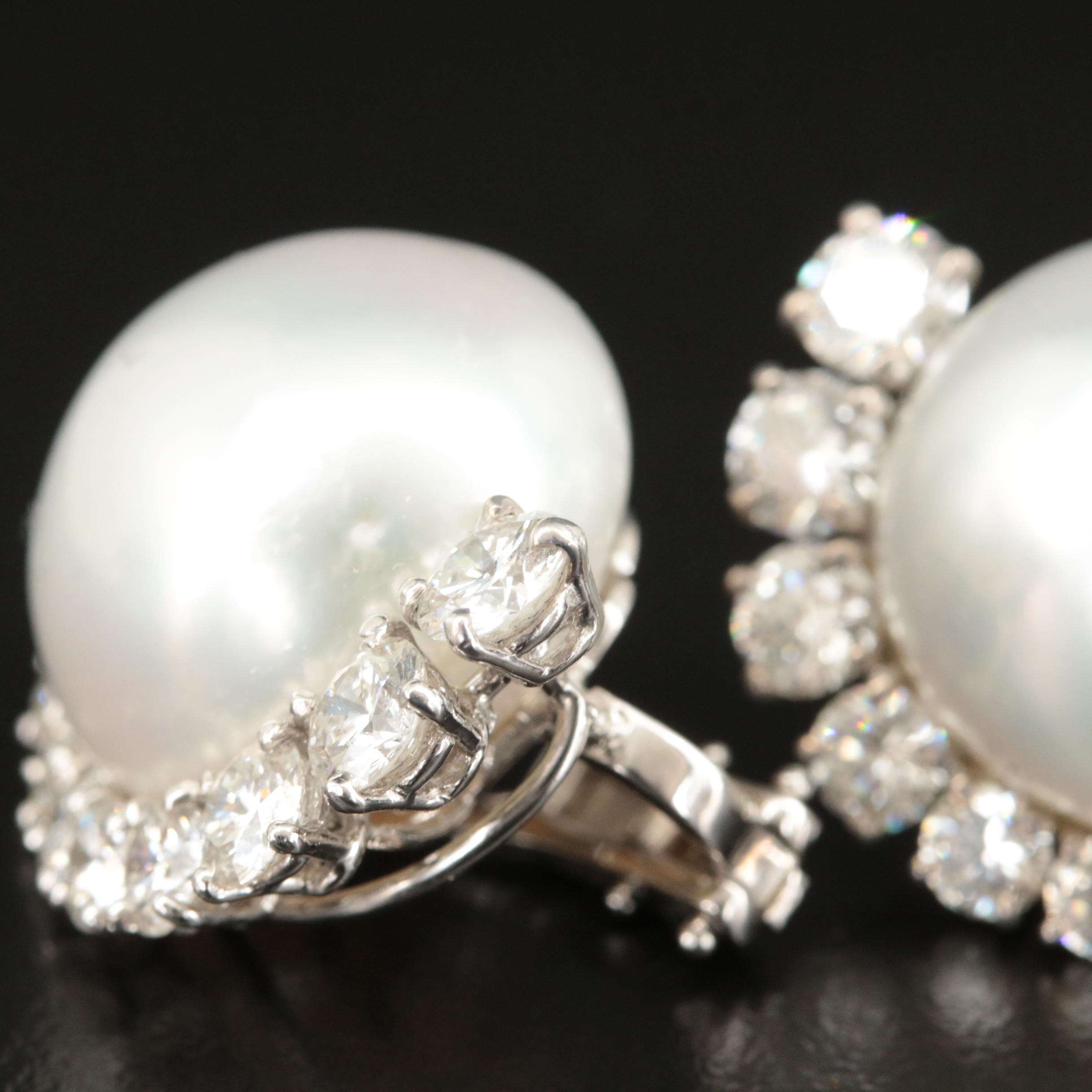 Platinum 17.00 mm Button Pearl and 3.83 CTW Diamond Earrings