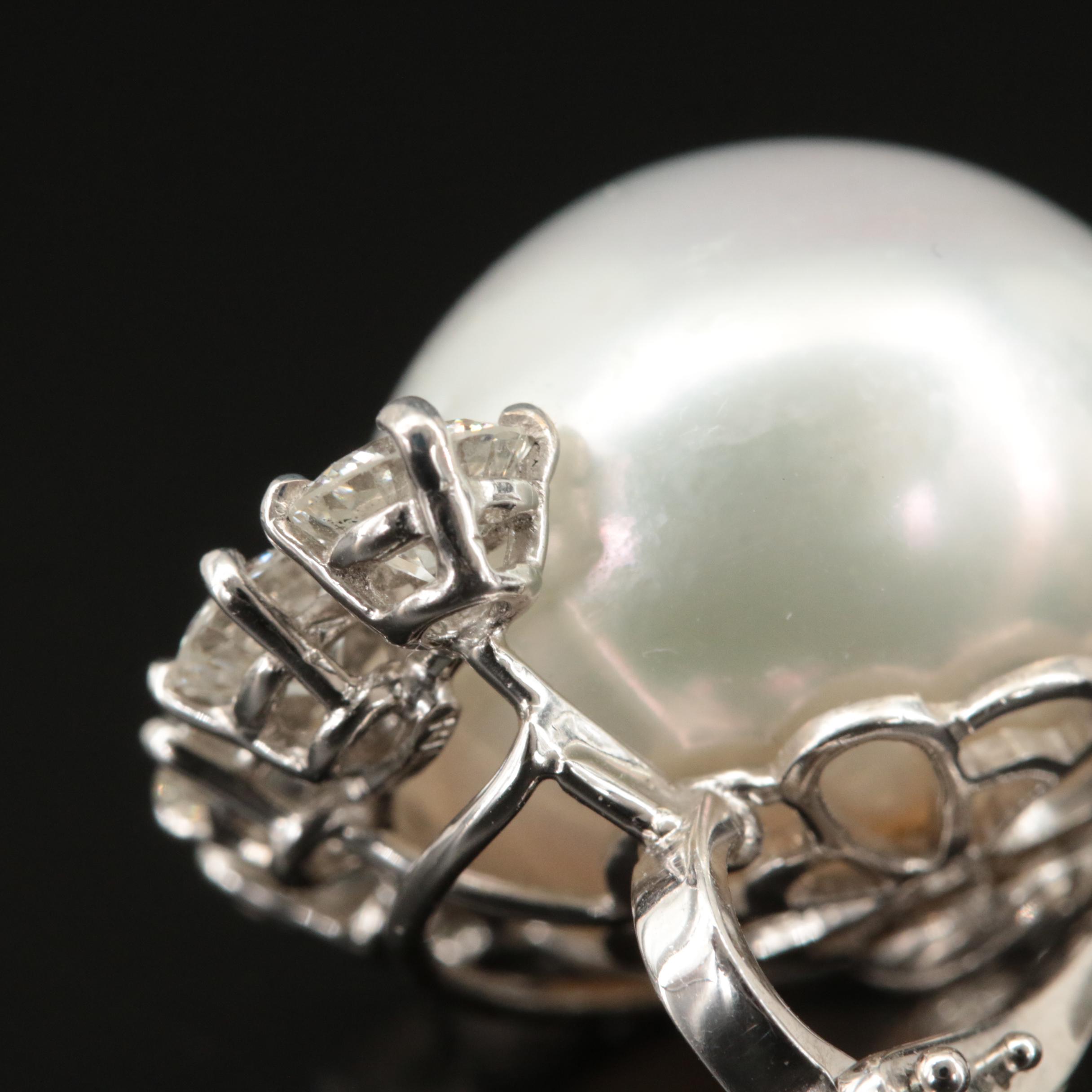 Platinum 17.00 mm Button Pearl and 3.83 CTW Diamond Earrings