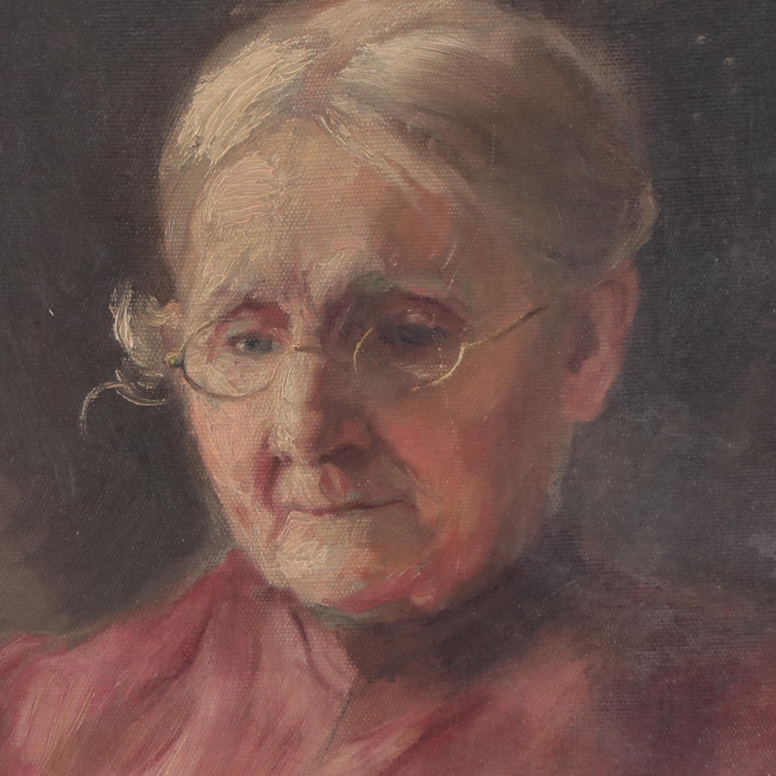 Caroline Augusta Lord  Oil Painting of Woman Knitting, Late 19th Century