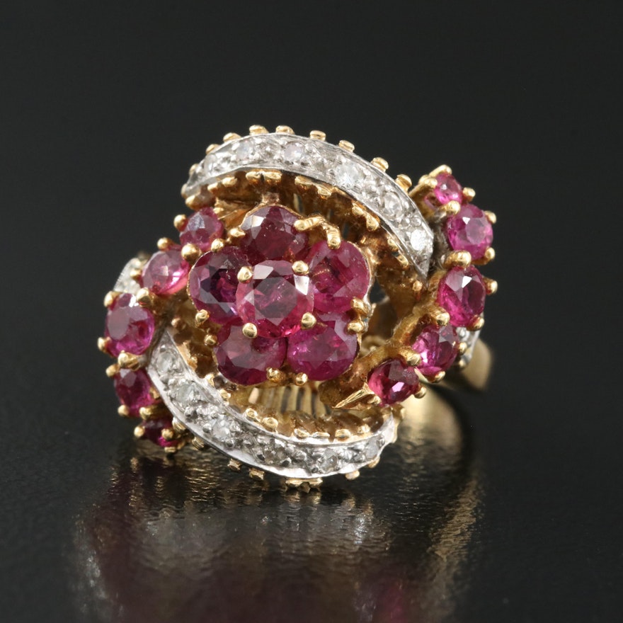 Vintage 18K Ruby and Diamond Floral Ring