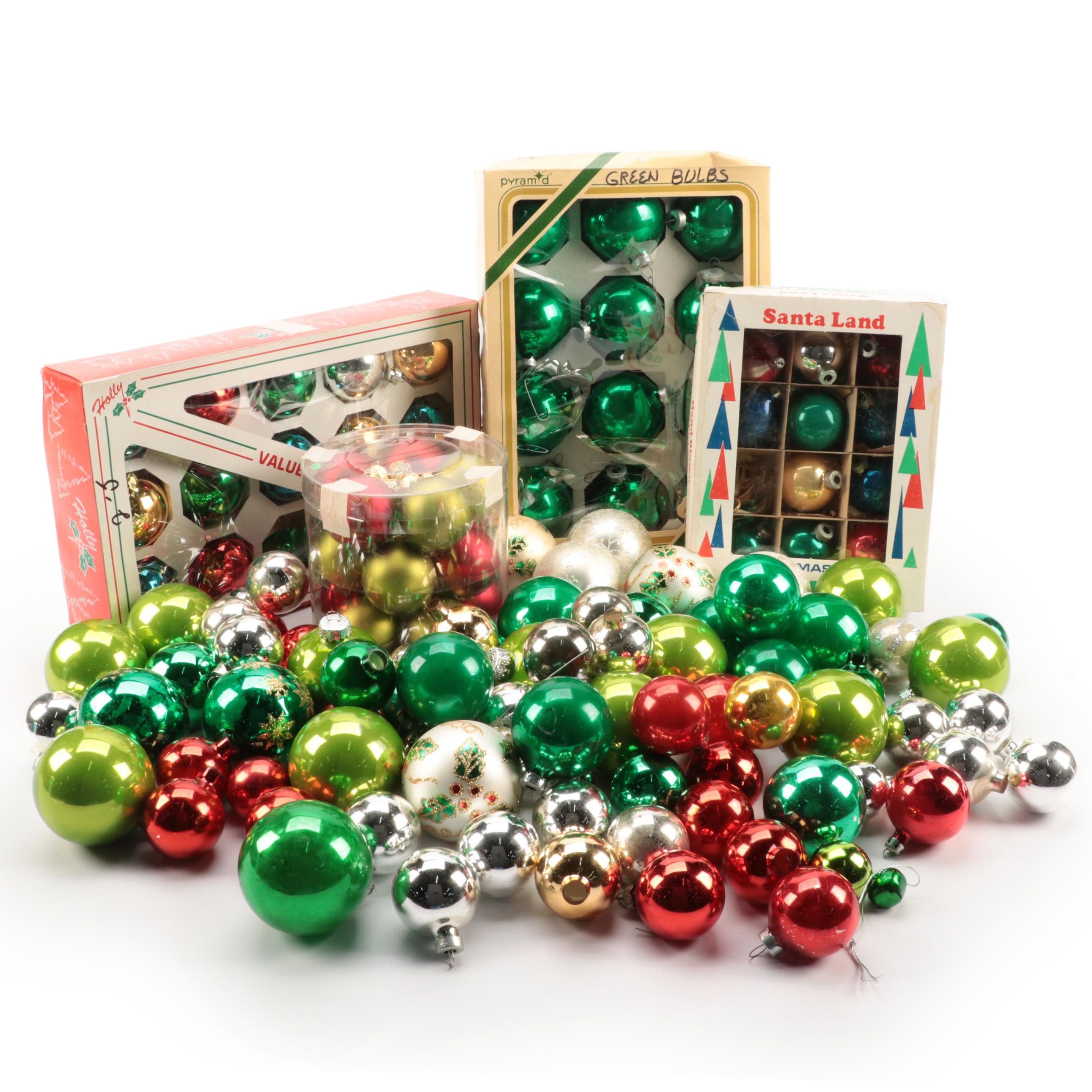 Holly, Pyramid, and Other Glass Christmas Ornaments, Late 20th Century