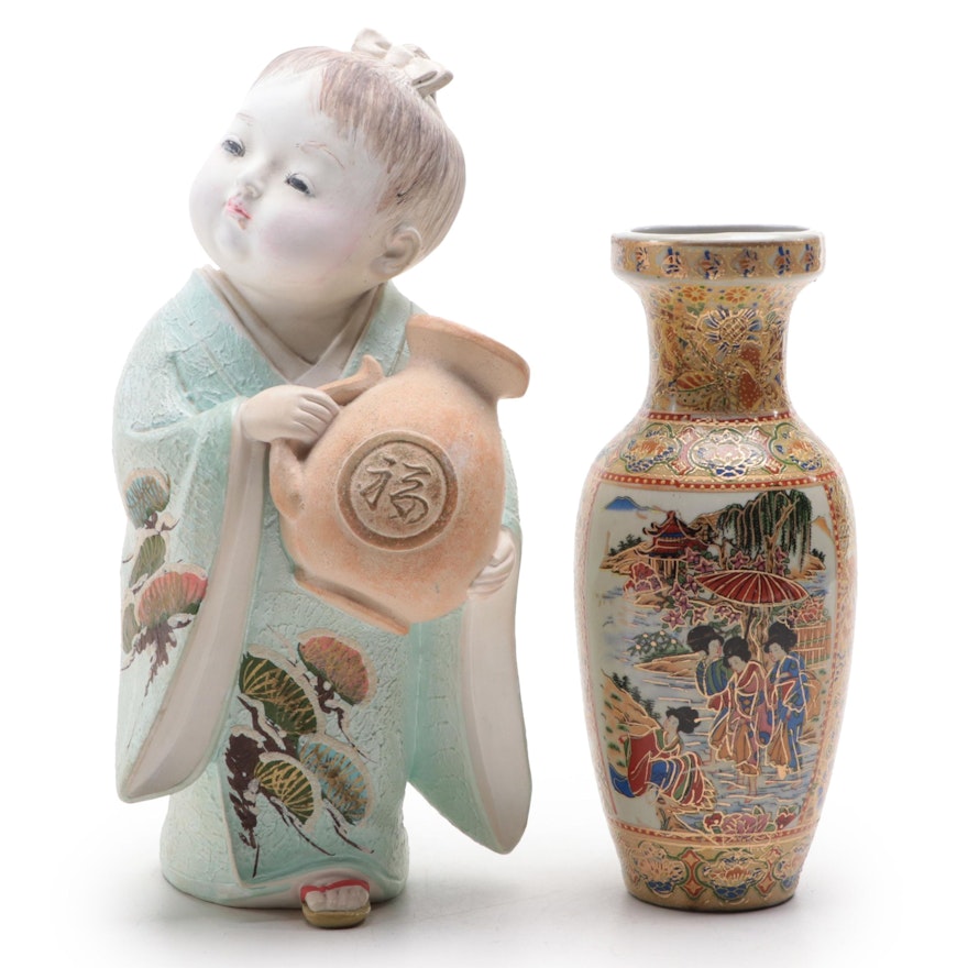 Japanese Satsuma Style Earthenware Vase and Figurine