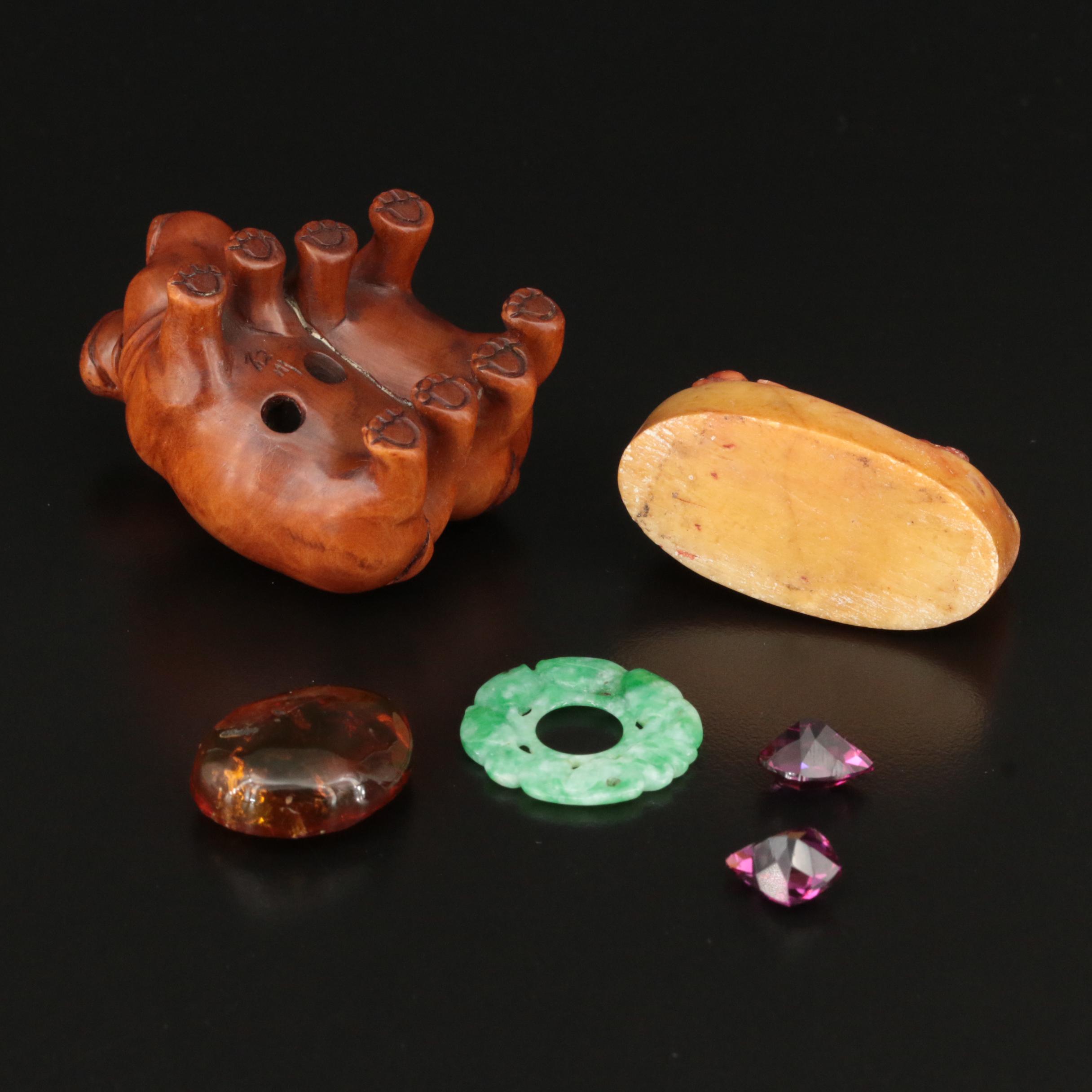 Loose Gemstones Featuring Amber and Carved Wood Hippo Netsuke