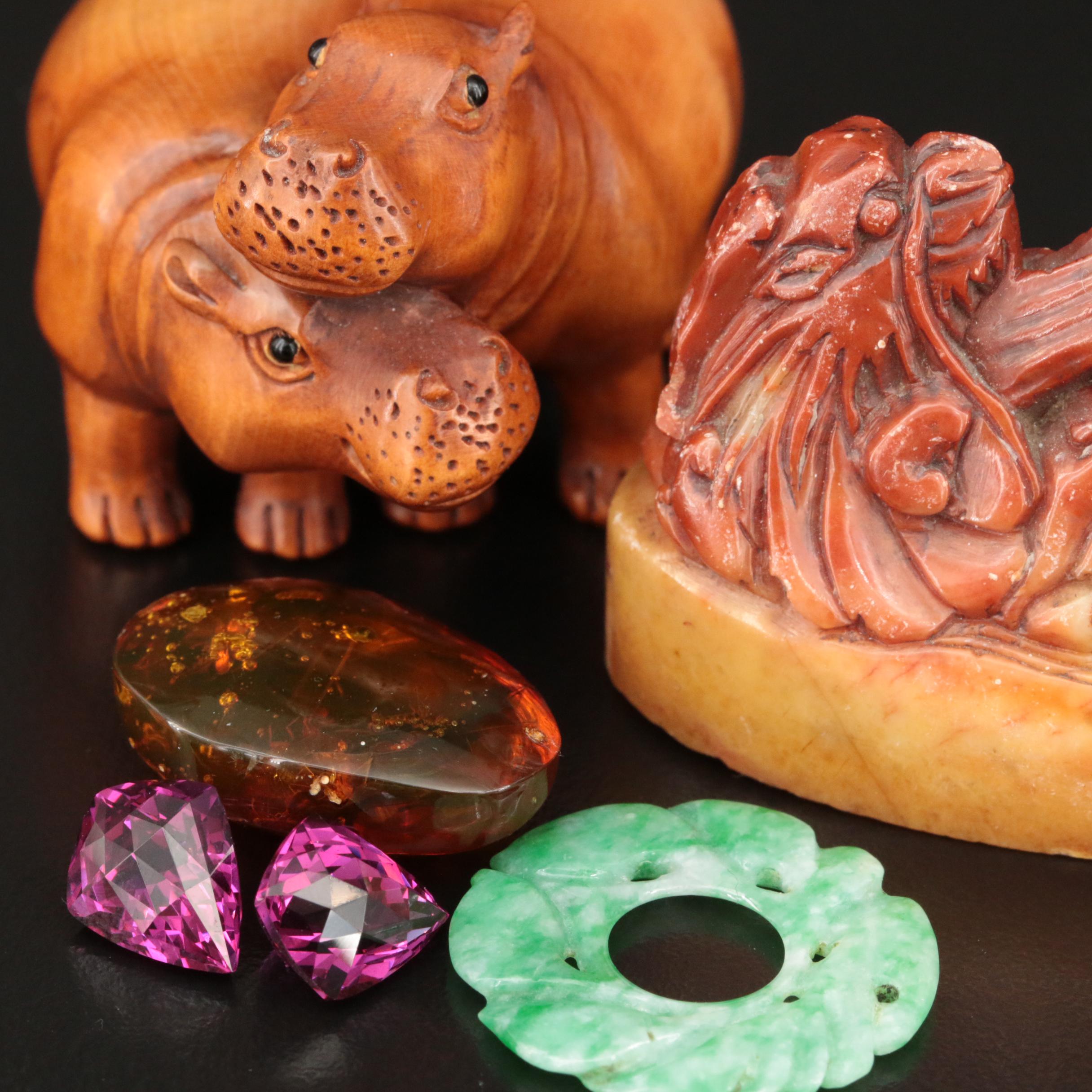 Loose Gemstones Featuring Amber and Carved Wood Hippo Netsuke