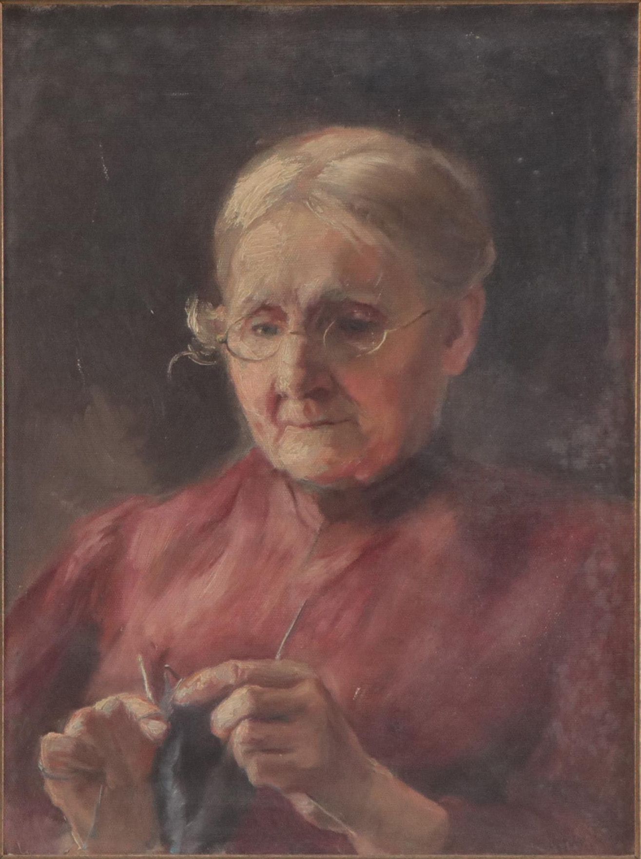 Caroline Augusta Lord  Oil Painting of Woman Knitting, Late 19th Century