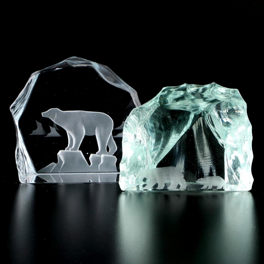 Mats Jonasson for Kosta Art Glass Polar Bear Figurine With Other Figurine