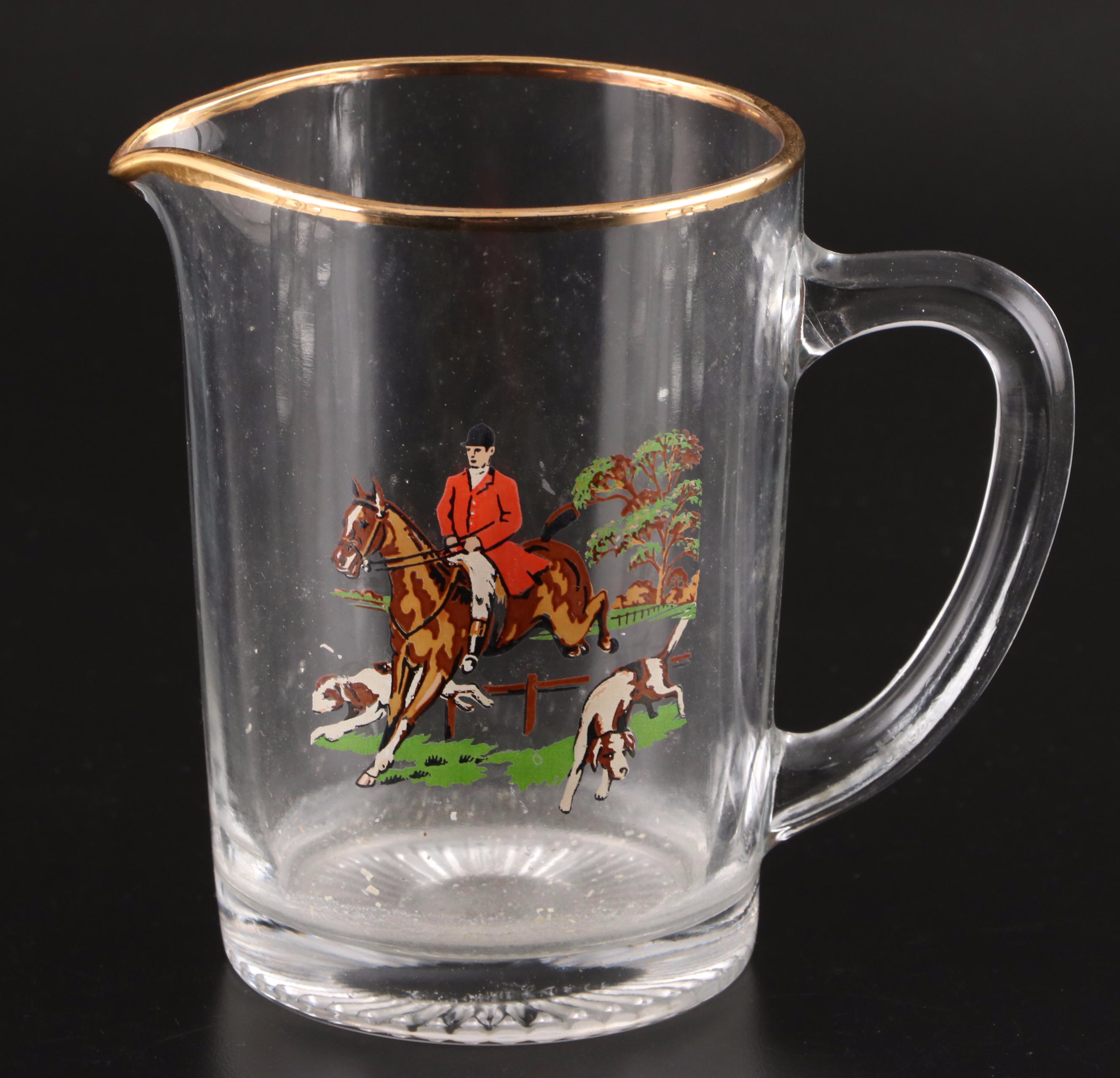 Mid Century Modern Style Fox Hunt Motif Gilt Rimmed Glass Pitcher and Tumblers