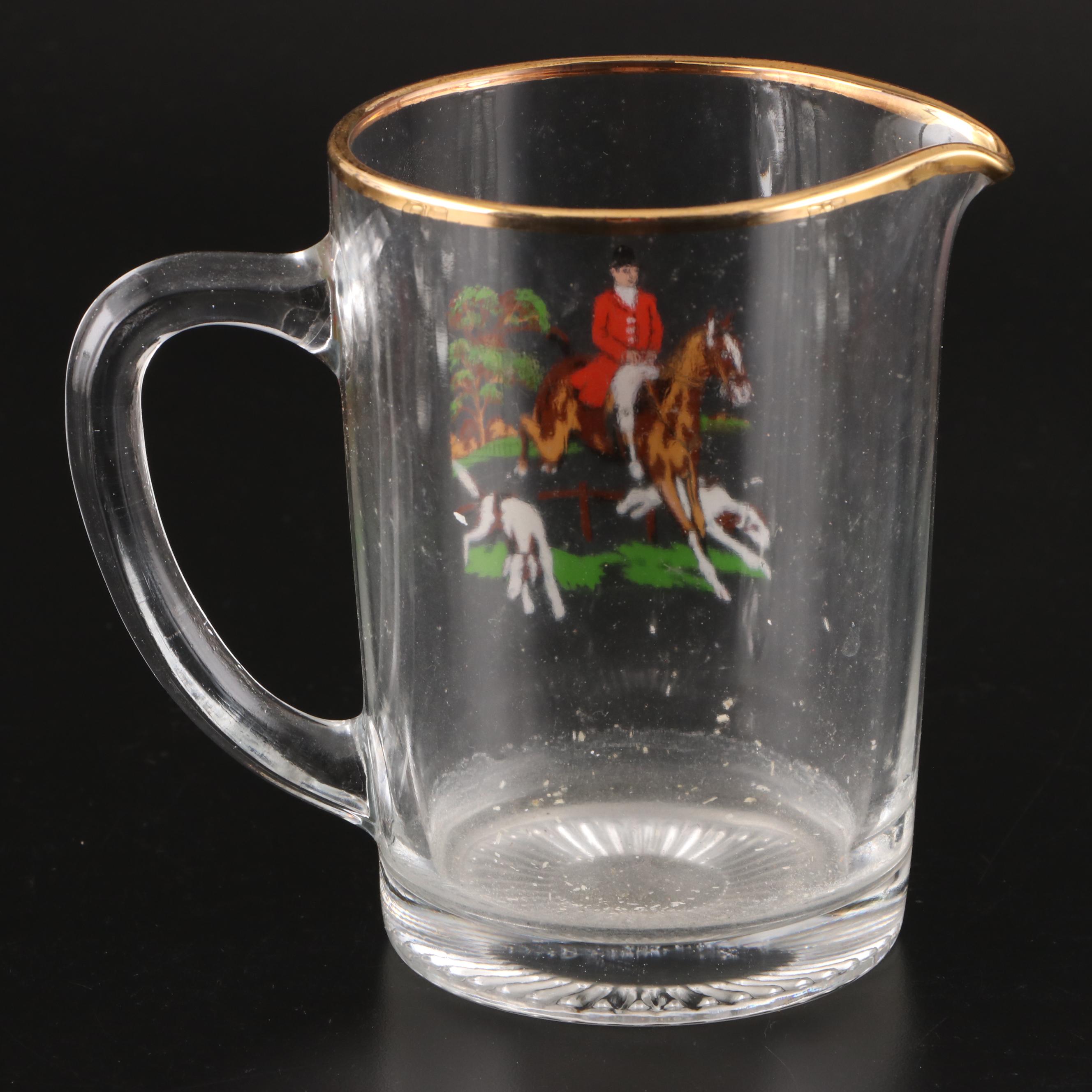 Mid Century Modern Style Fox Hunt Motif Gilt Rimmed Glass Pitcher and Tumblers