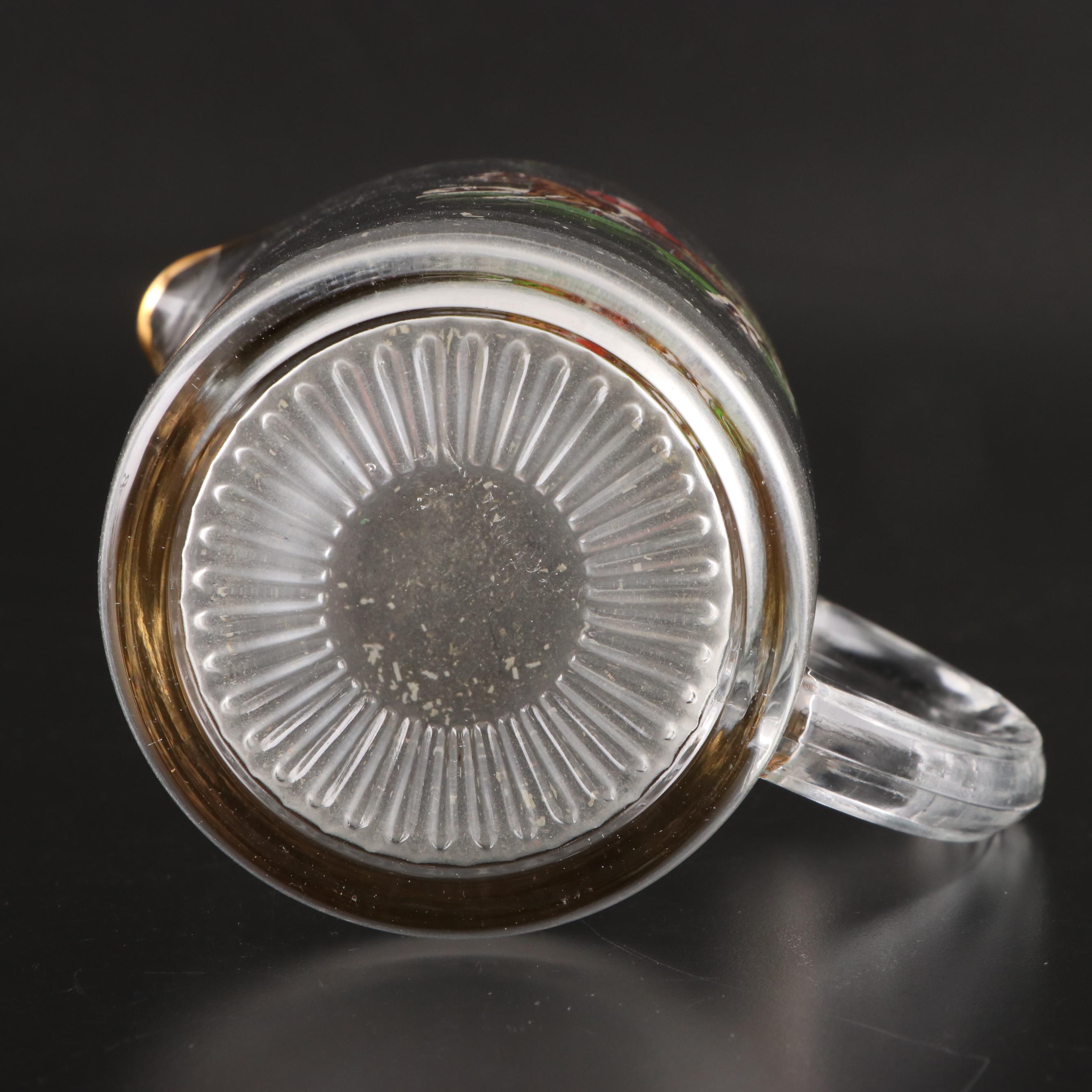 Mid Century Modern Style Fox Hunt Motif Gilt Rimmed Glass Pitcher and Tumblers