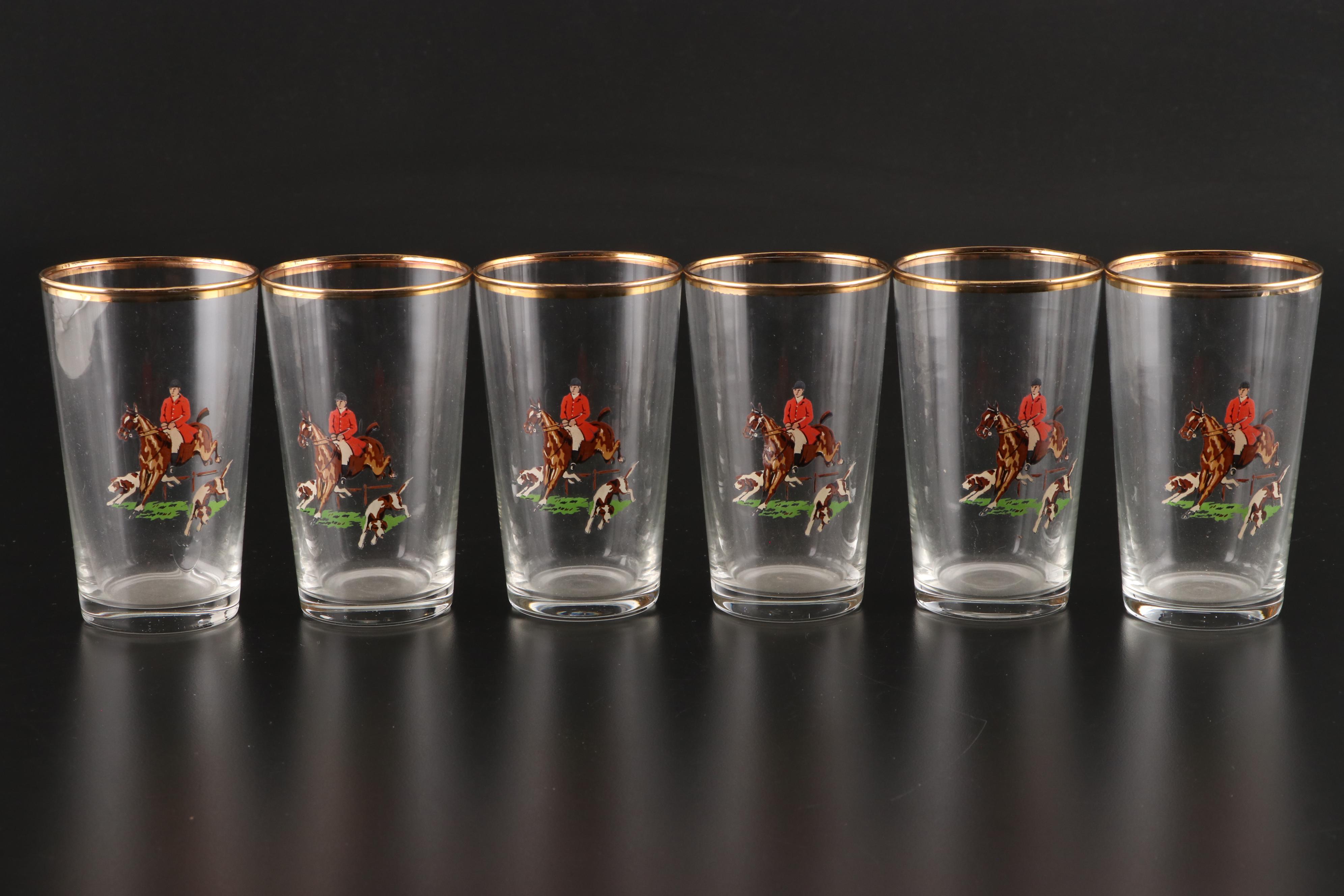 Mid Century Modern Style Fox Hunt Motif Gilt Rimmed Glass Pitcher and Tumblers