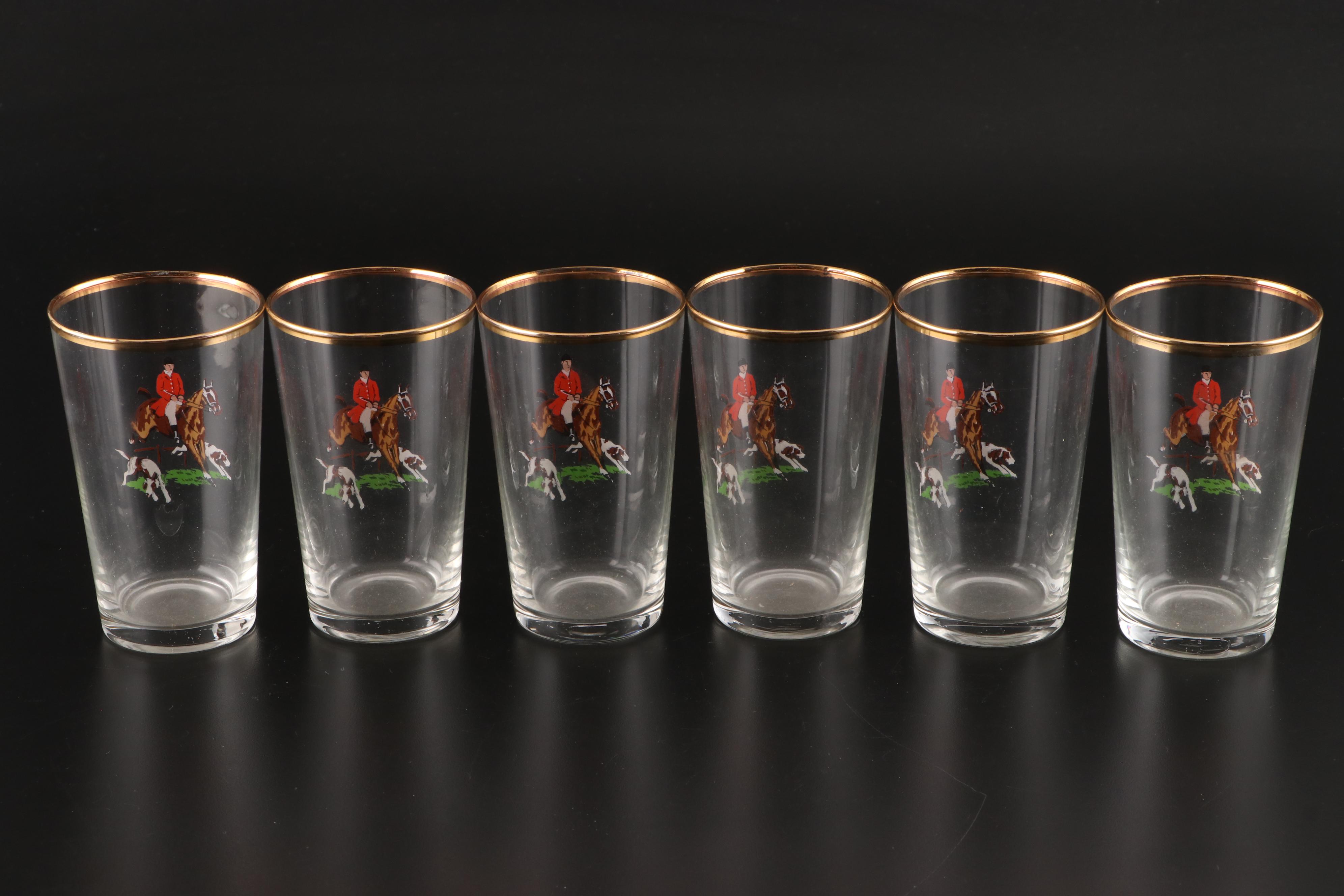 Mid Century Modern Style Fox Hunt Motif Gilt Rimmed Glass Pitcher and Tumblers