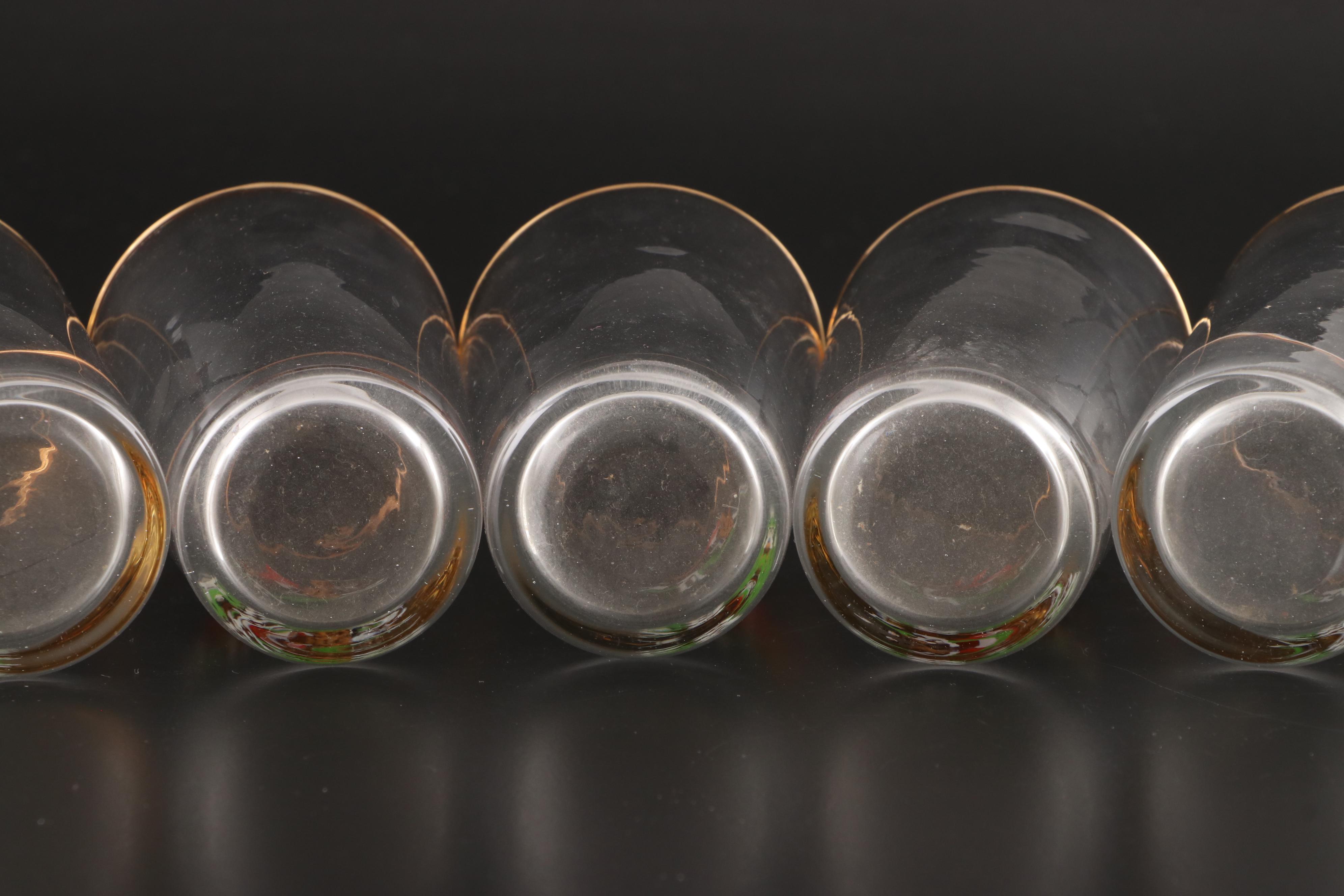 Mid Century Modern Style Fox Hunt Motif Gilt Rimmed Glass Pitcher and Tumblers