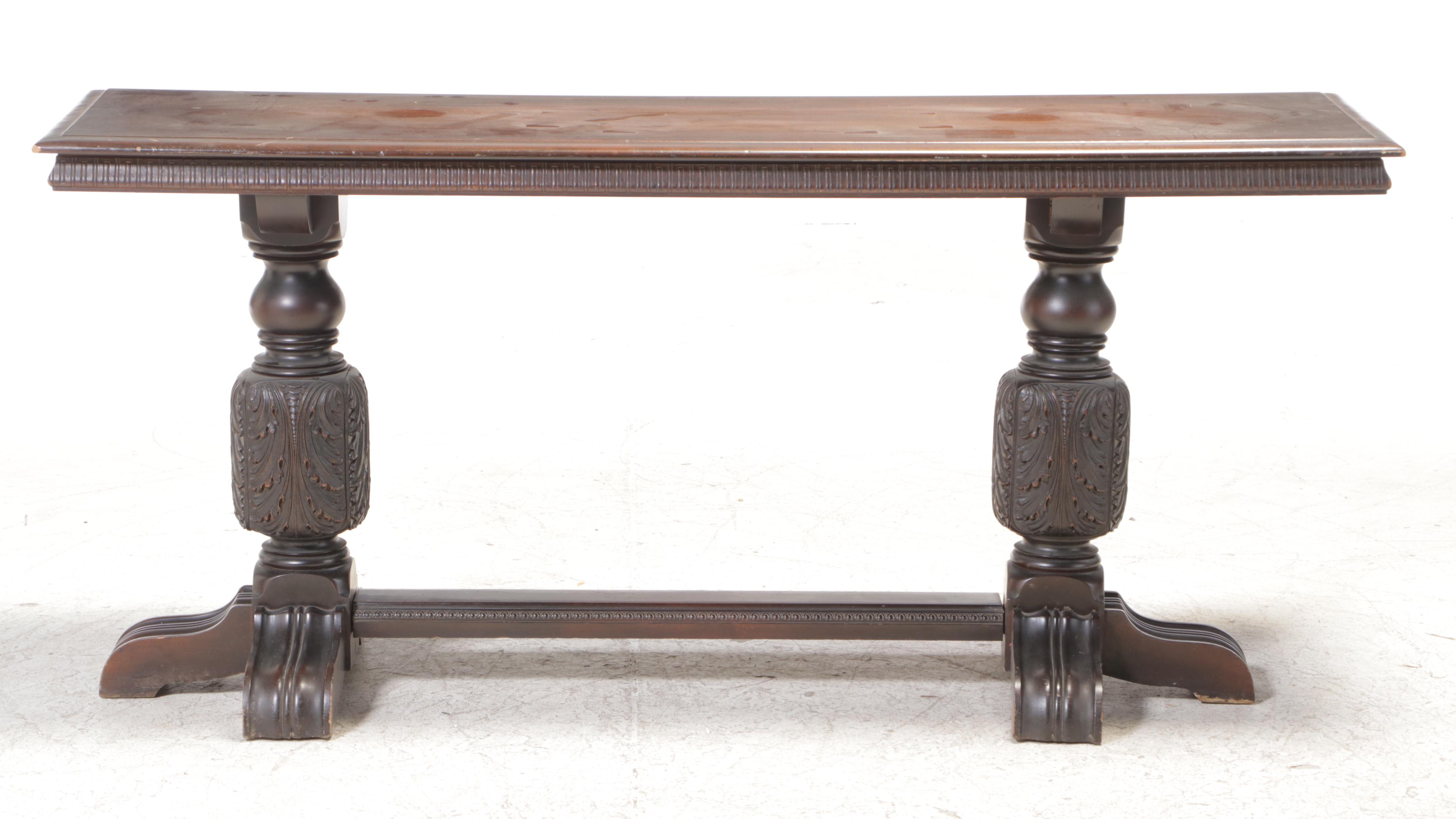 Tudor Revival Walnut Finish Hardwood Console Table, Mid-20th Century