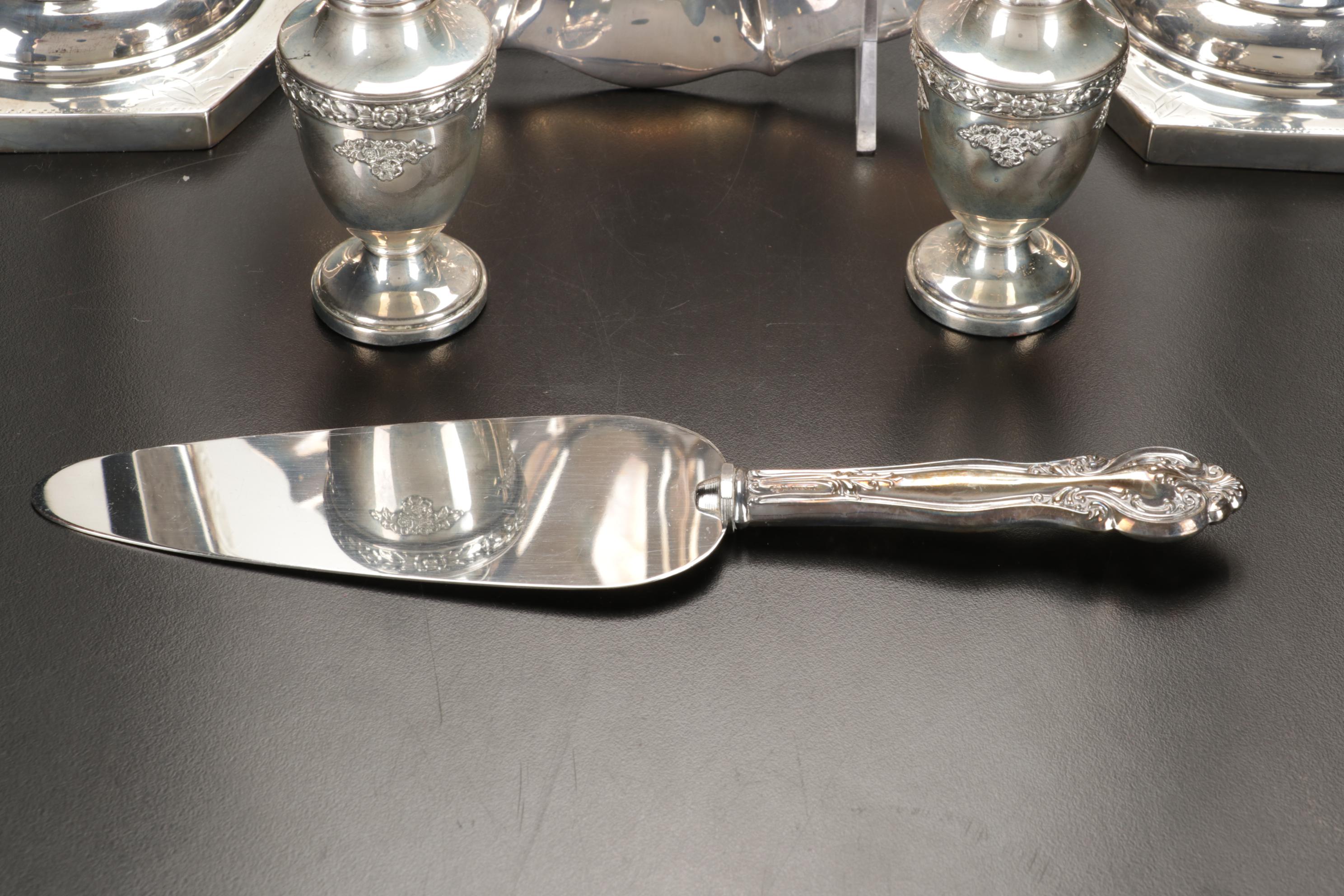 Sterling Silver Candlesticks, Salt and Pepper Shakers, Bowl, and Cake Server