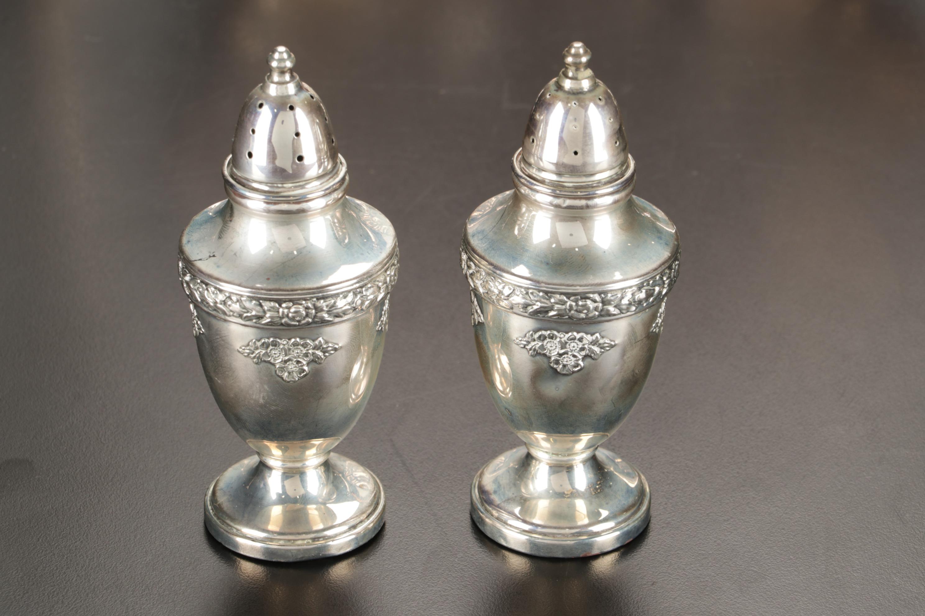Sterling Silver Candlesticks, Salt and Pepper Shakers, Bowl, and Cake Server
