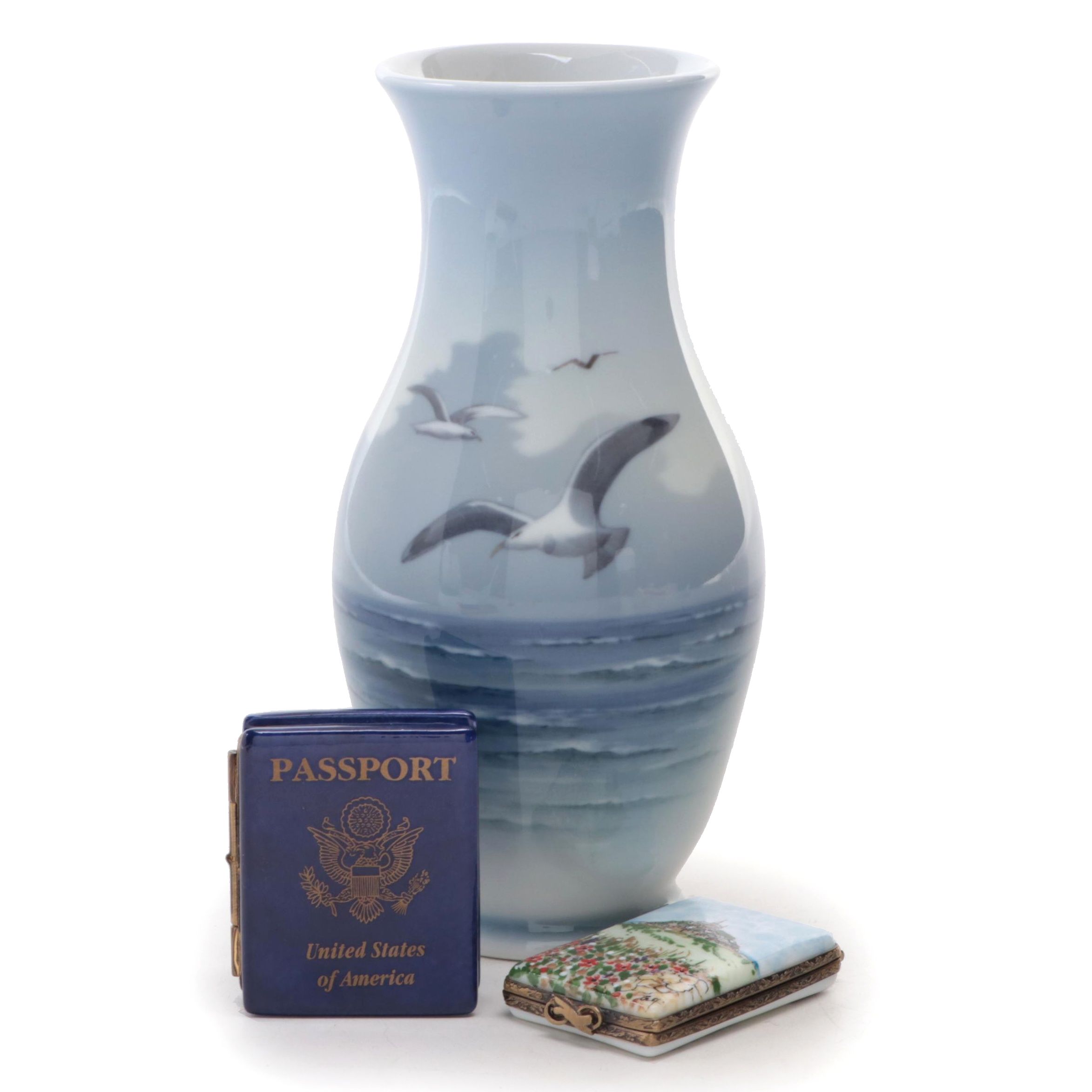 Rochard and Other Porcelain Limoges Boxes With Royal Copenhagen Seagull Vase