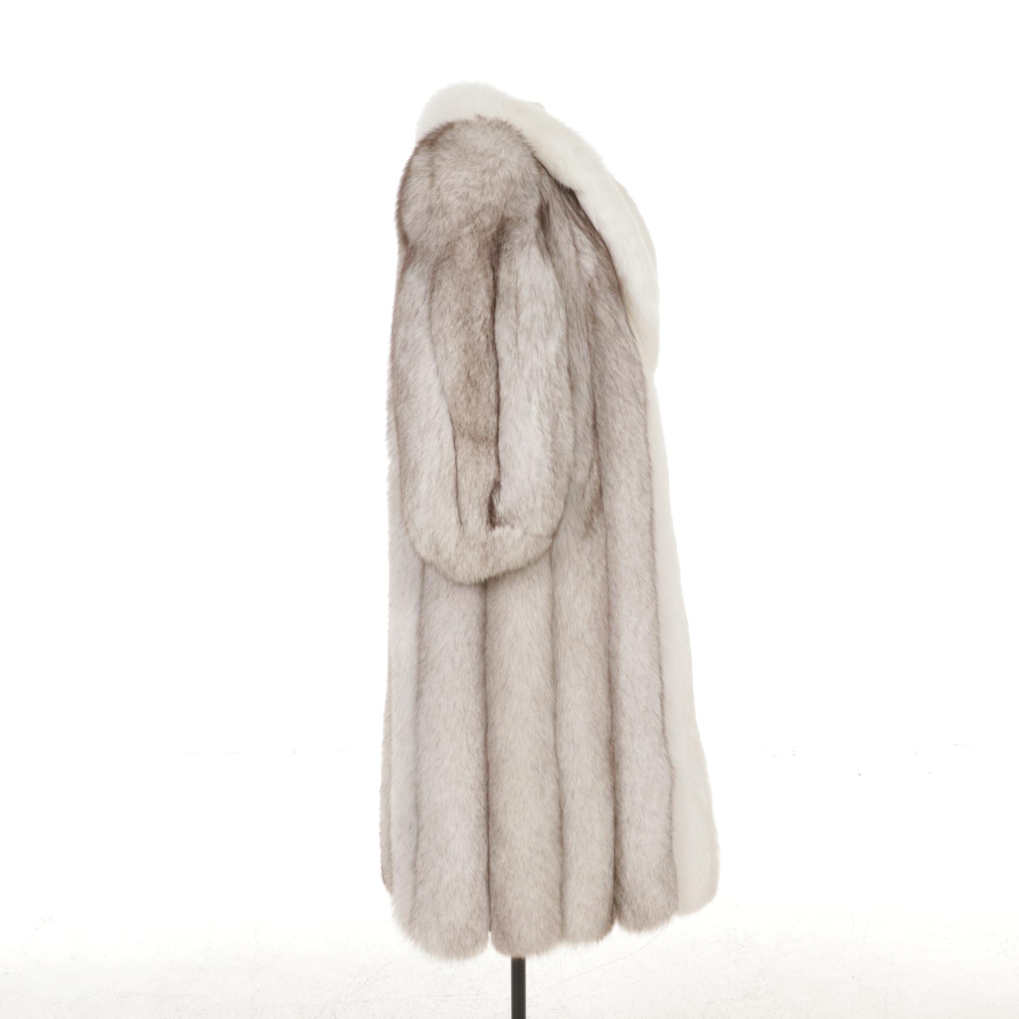 Blue and Arctic Fox Fur Full-Length Coat by Flemington Furs with Tuxedo Collar