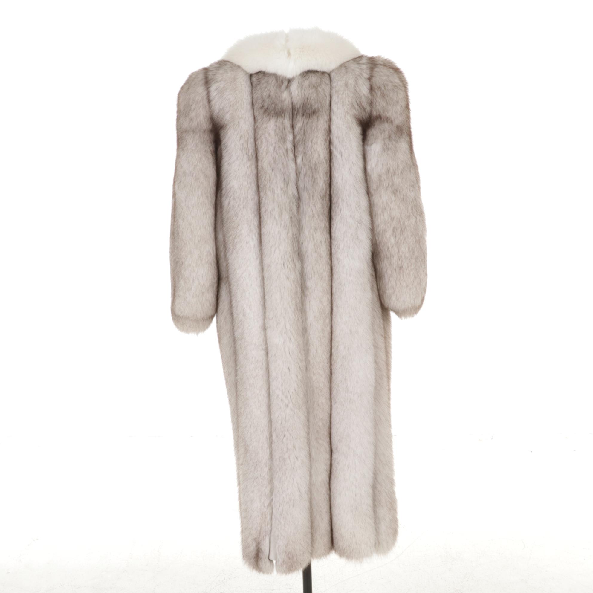 Blue and Arctic Fox Fur Full-Length Coat by Flemington Furs with Tuxedo Collar