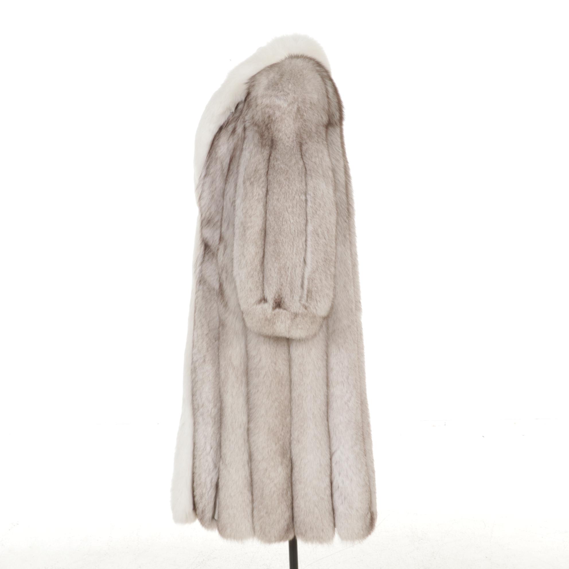 Blue and Arctic Fox Fur Full-Length Coat by Flemington Furs with Tuxedo Collar