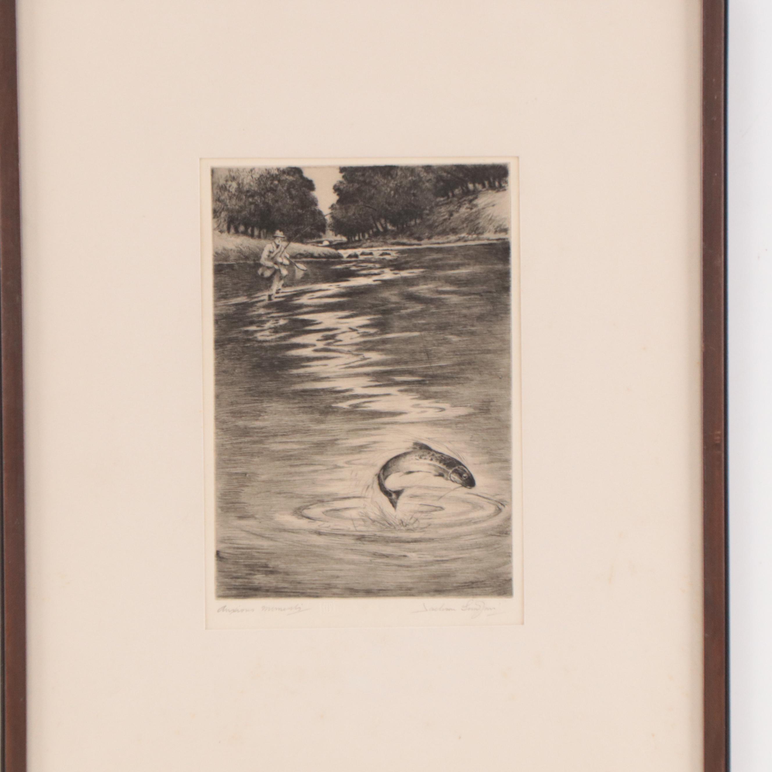 Henry Jackson Simpson Etching of Fly Fisherman "Anxious Moments," Circa 1949