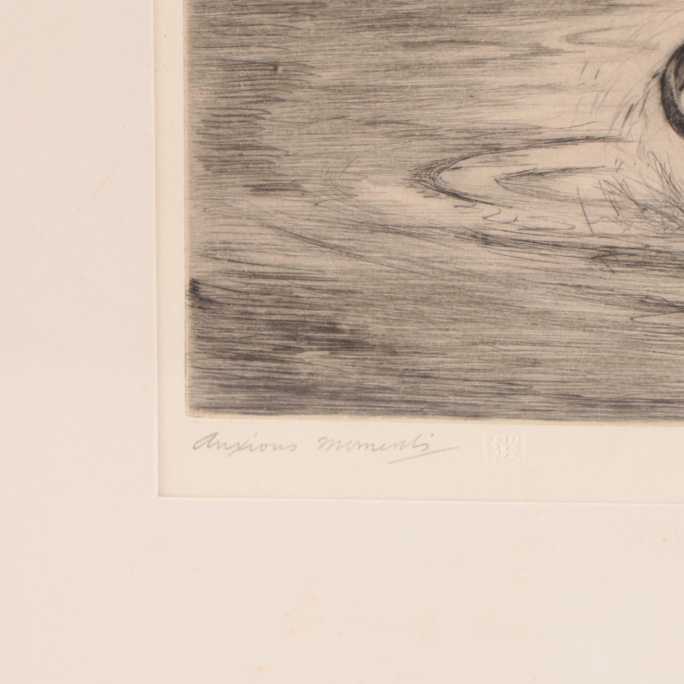 Henry Jackson Simpson Etching of Fly Fisherman "Anxious Moments," Circa 1949