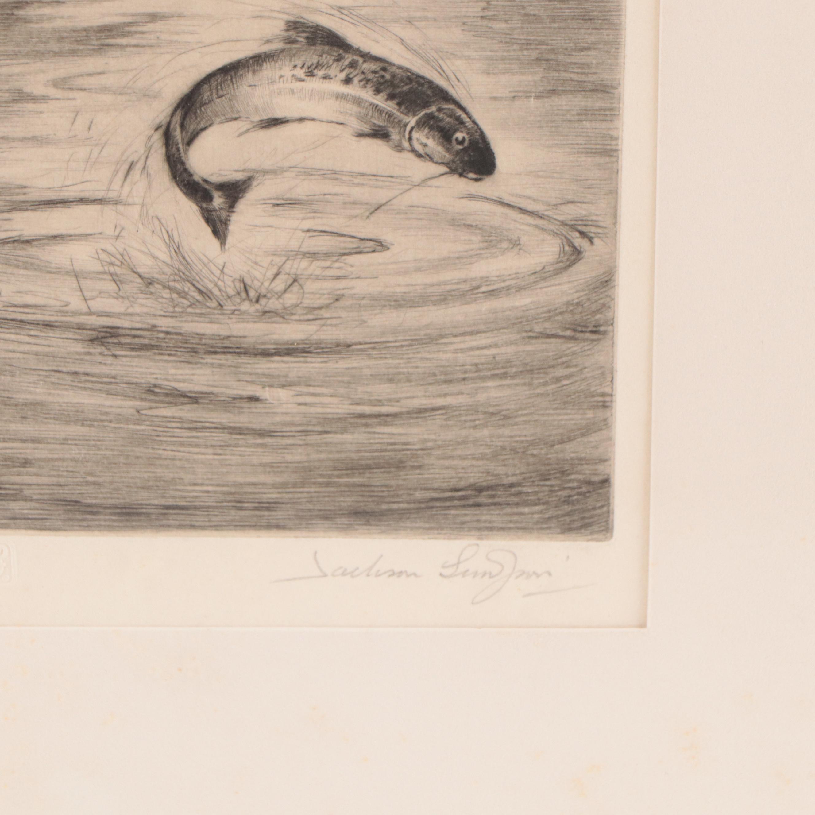 Henry Jackson Simpson Etching of Fly Fisherman "Anxious Moments," Circa 1949