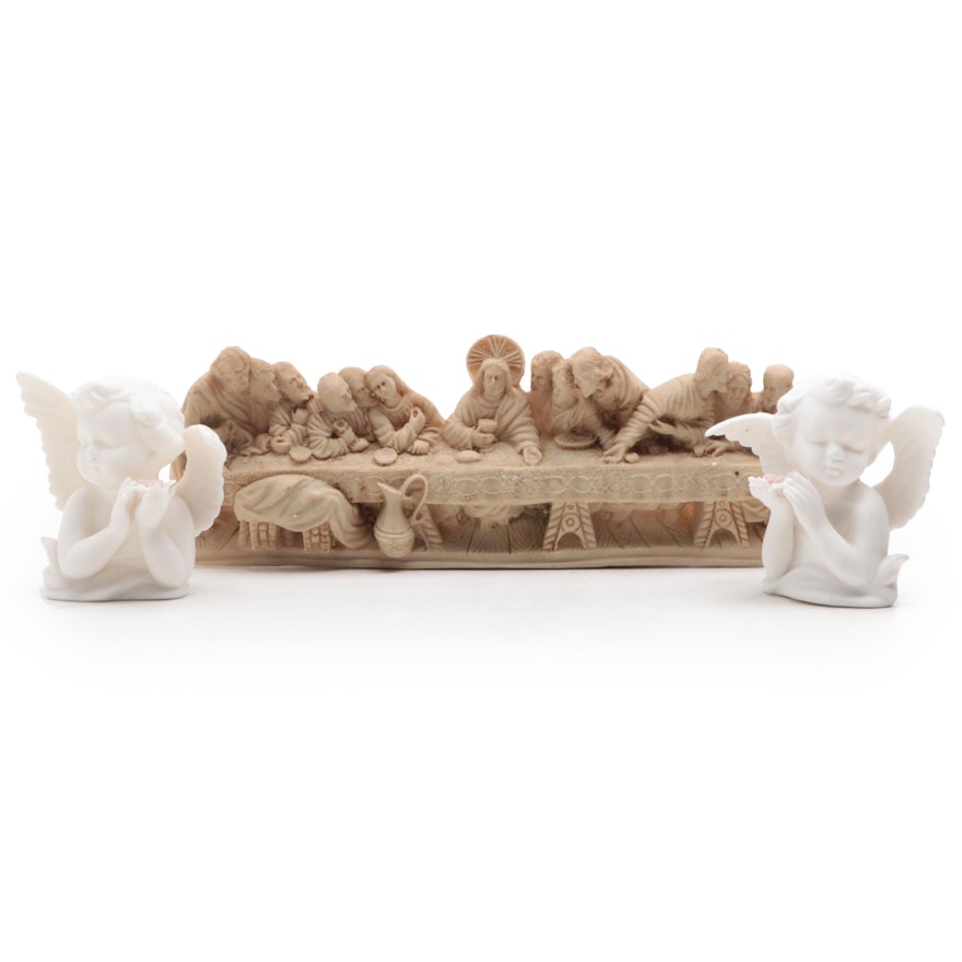 Ardalt Ceramic Angel Figurines with "The Last Supper" Resin Wall Hanging