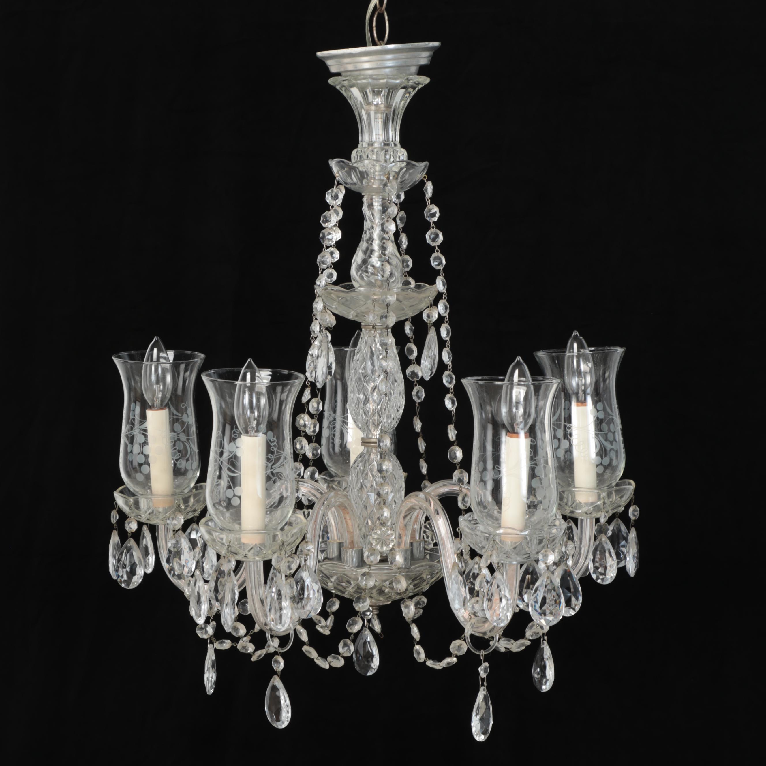 Etched Glass, Crystal and Glass Prism Five-Arm Chandelier, Mid to Late 20th C