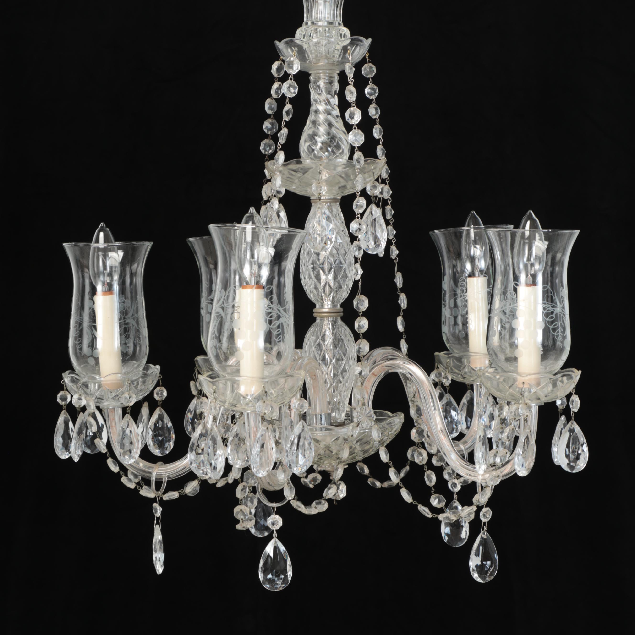 Etched Glass, Crystal and Glass Prism Five-Arm Chandelier, Mid to Late 20th C