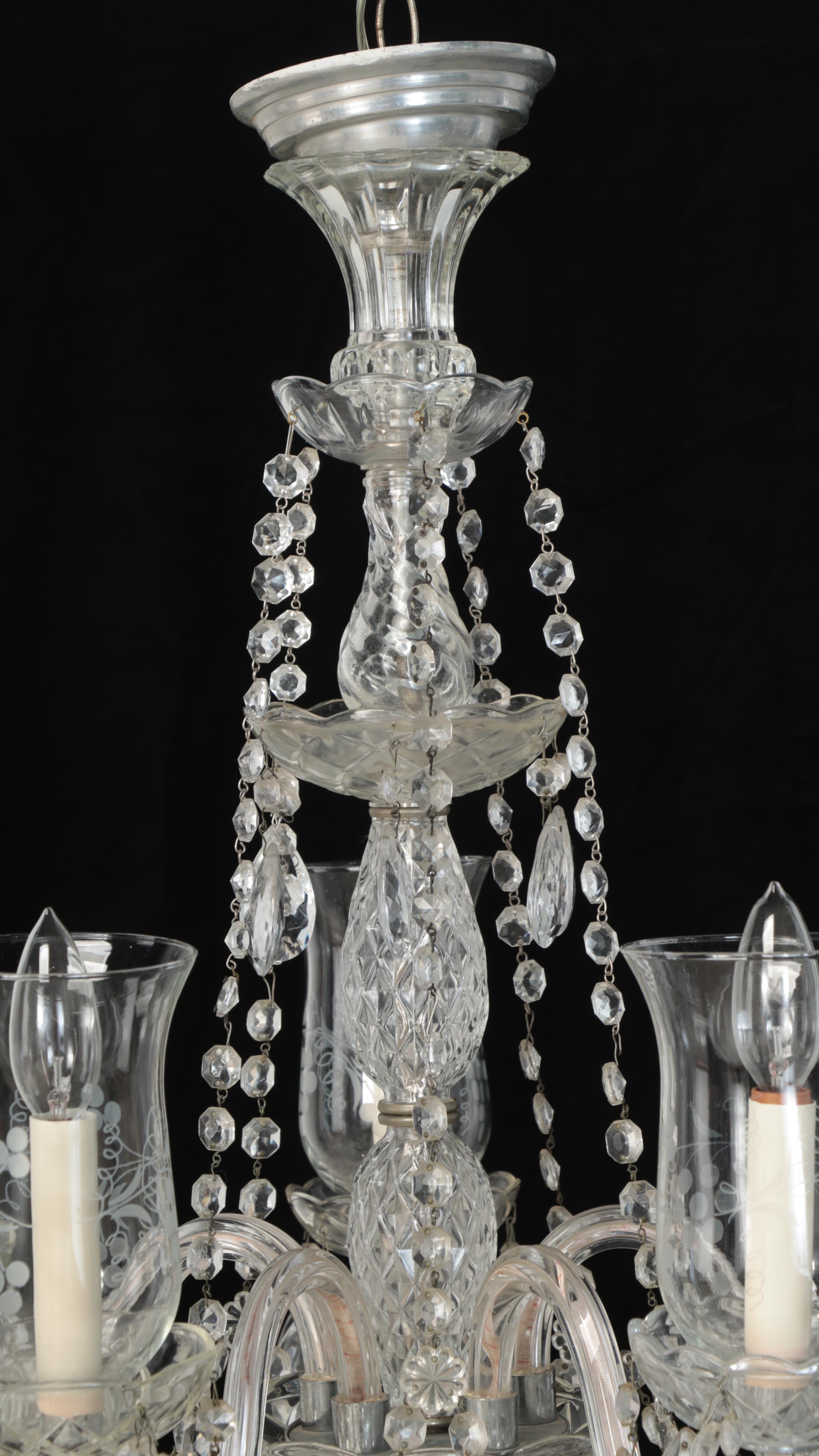 Etched Glass, Crystal and Glass Prism Five-Arm Chandelier, Mid to Late 20th C