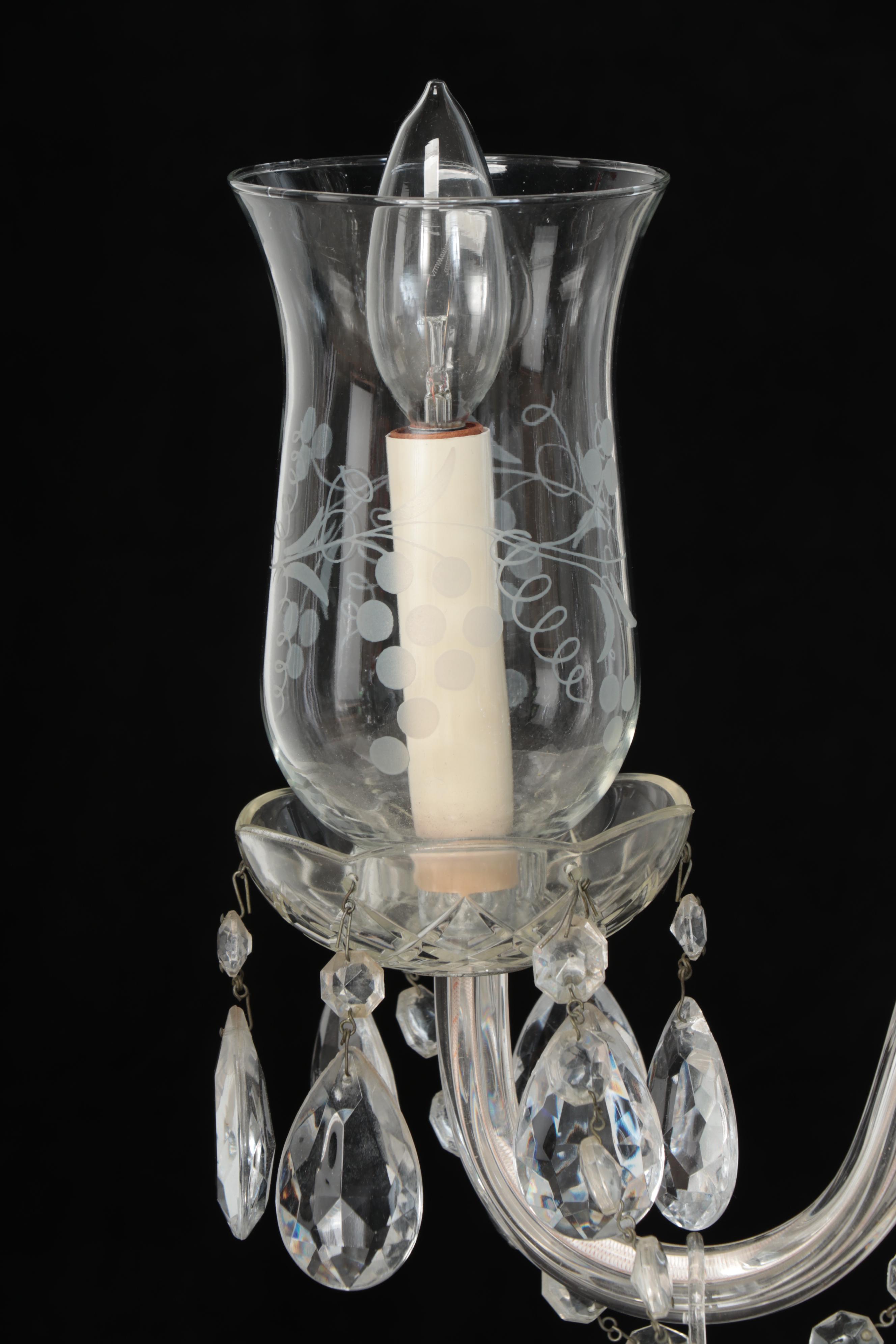 Etched Glass, Crystal and Glass Prism Five-Arm Chandelier, Mid to Late 20th C