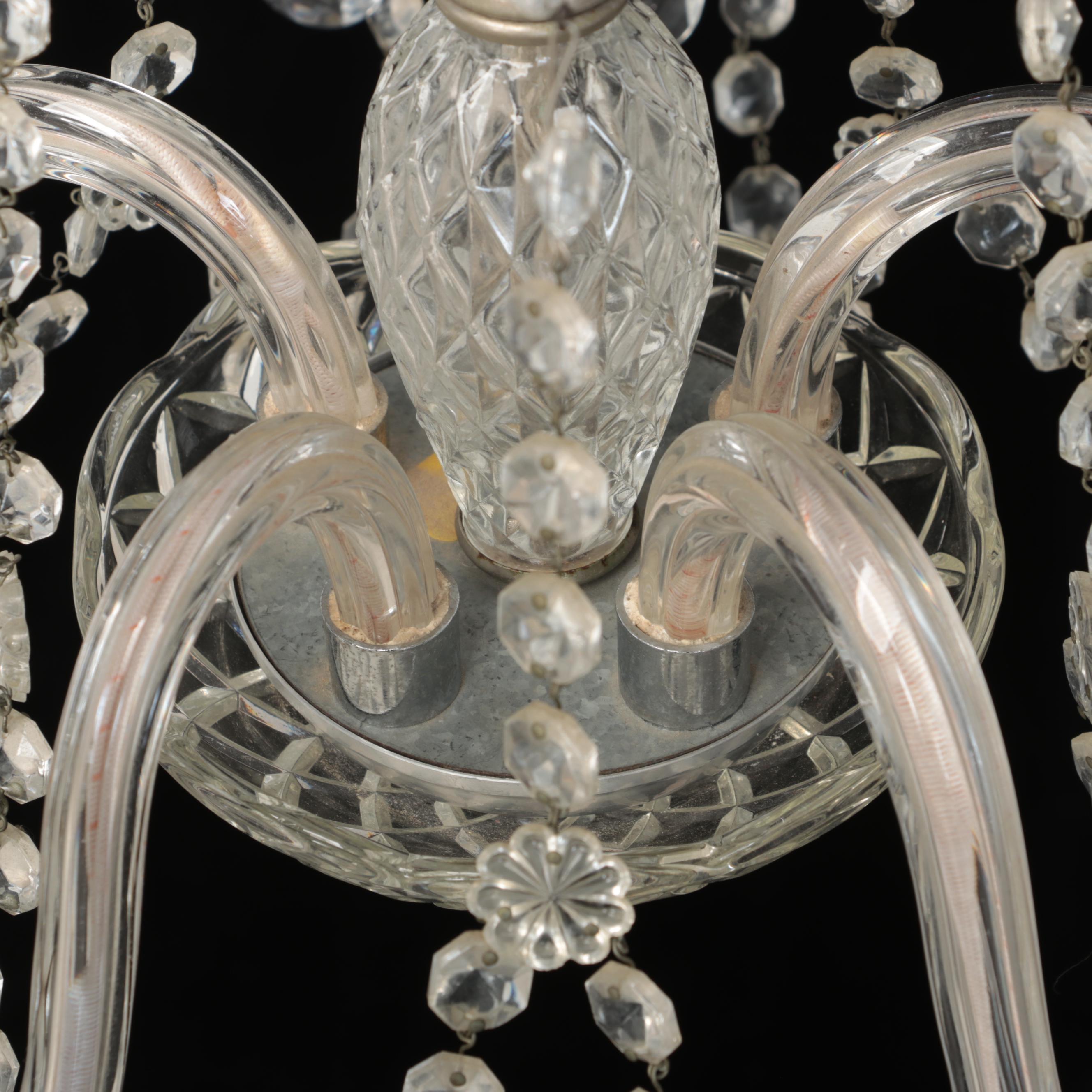 Etched Glass, Crystal and Glass Prism Five-Arm Chandelier, Mid to Late 20th C