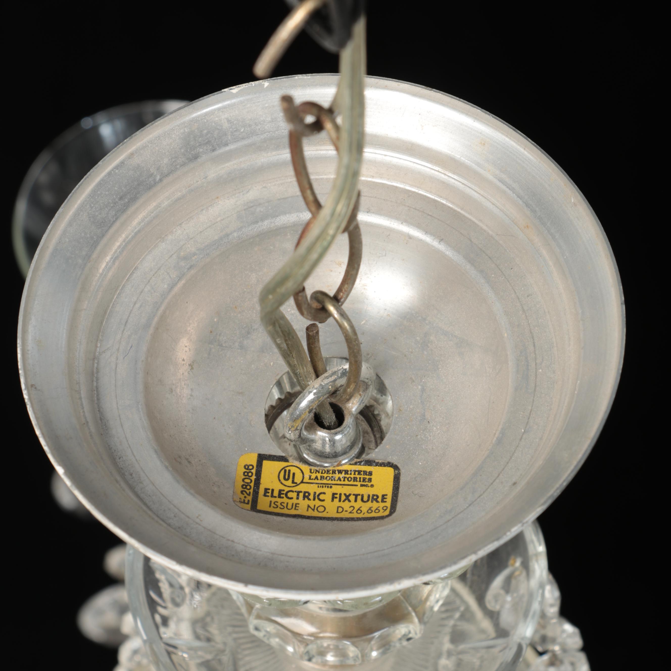 Etched Glass, Crystal and Glass Prism Five-Arm Chandelier, Mid to Late 20th C