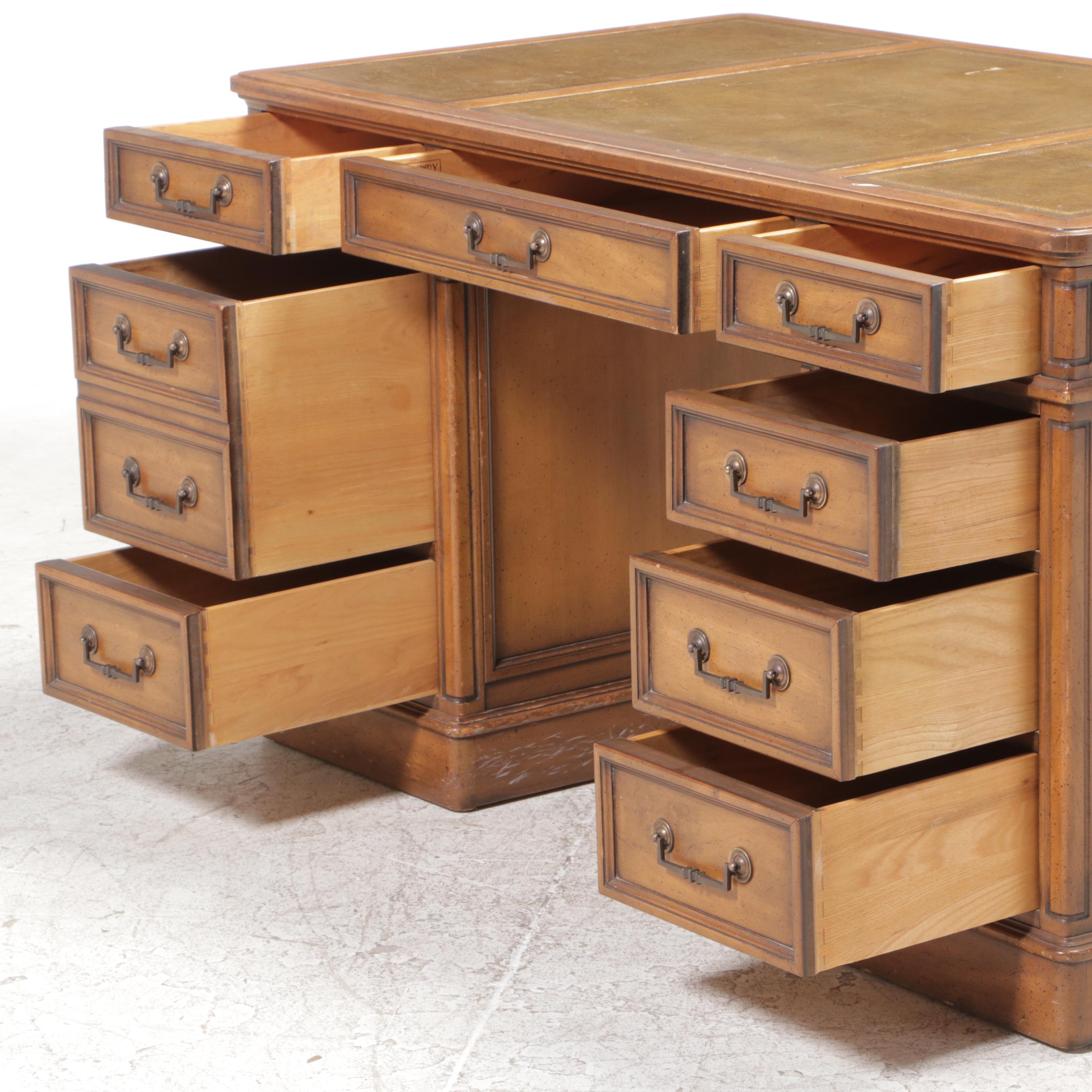 Sligh & Lowry Pecan Double Pedestal Desk with Leather Top