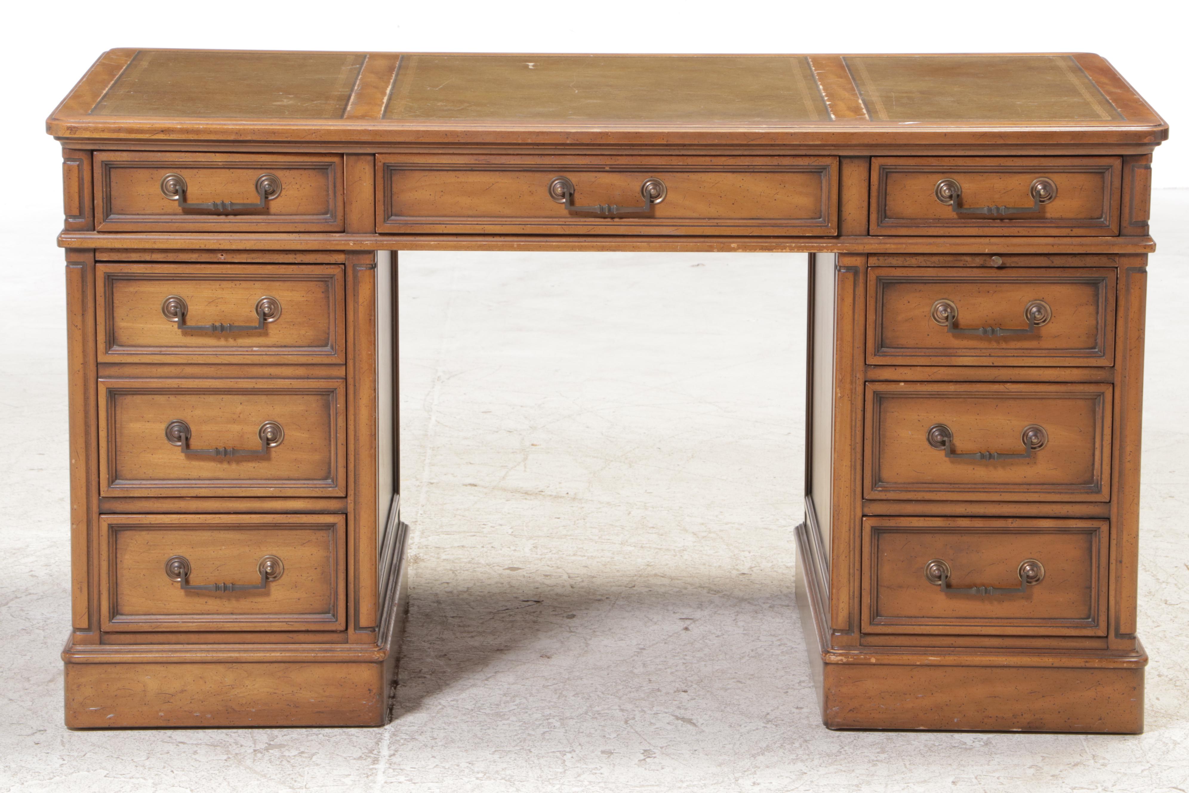 Sligh & Lowry Pecan Double Pedestal Desk with Leather Top