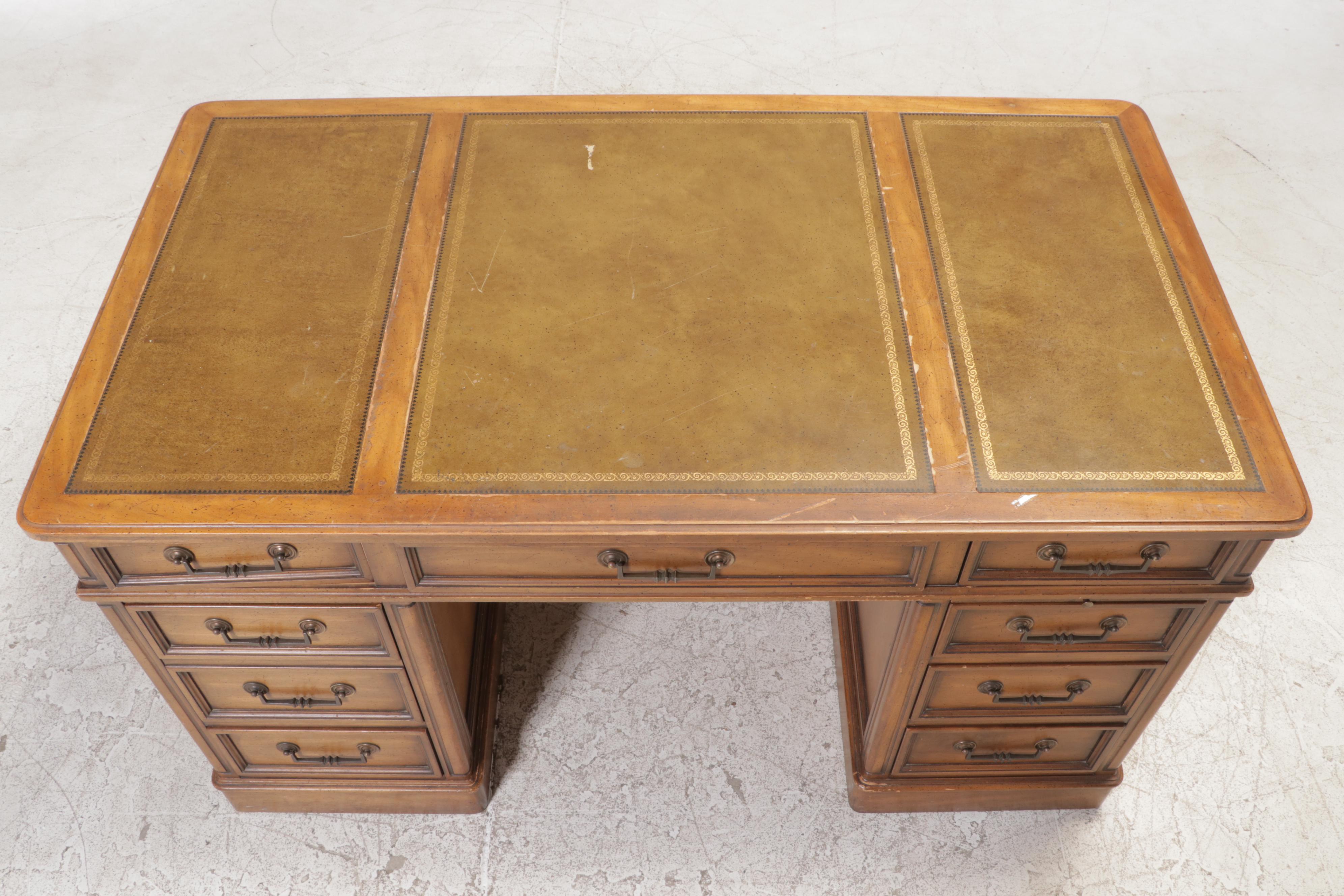 Sligh & Lowry Pecan Double Pedestal Desk with Leather Top