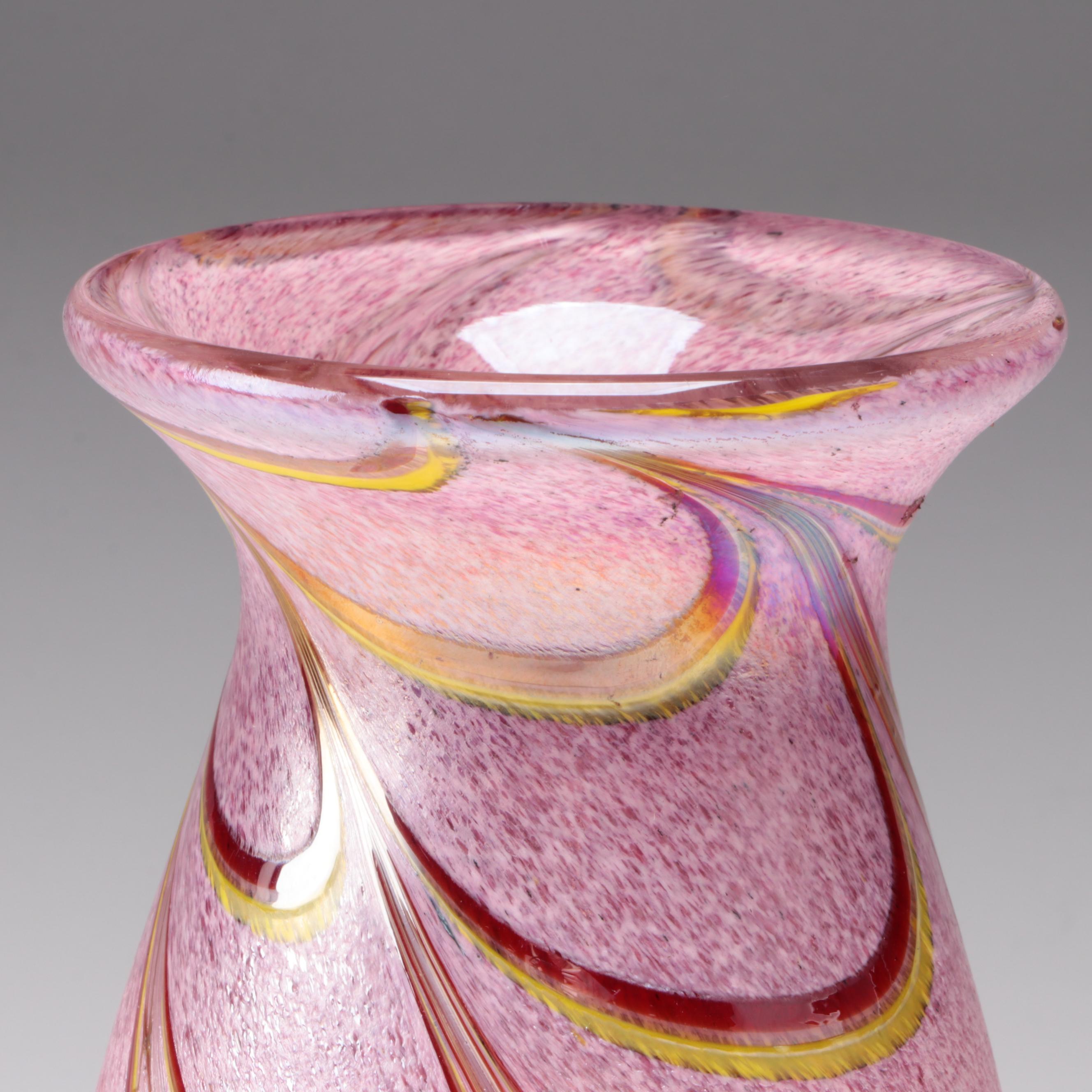 Murano Style Pink with Red and Yellow Pulled Feather Blown Art Glass Vase
