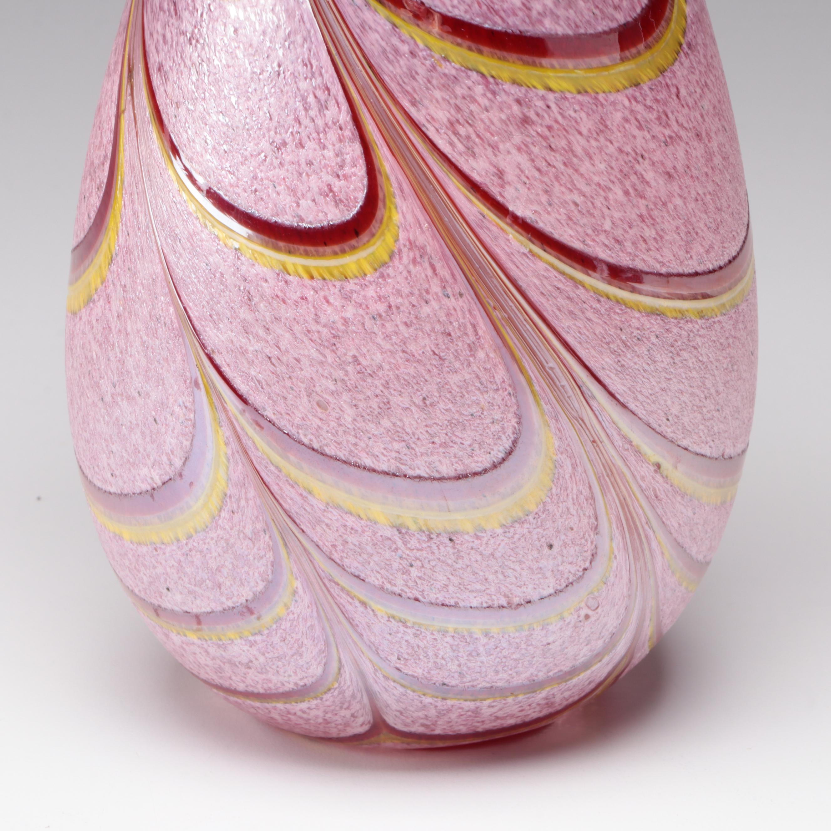 Murano Style Pink with Red and Yellow Pulled Feather Blown Art Glass Vase