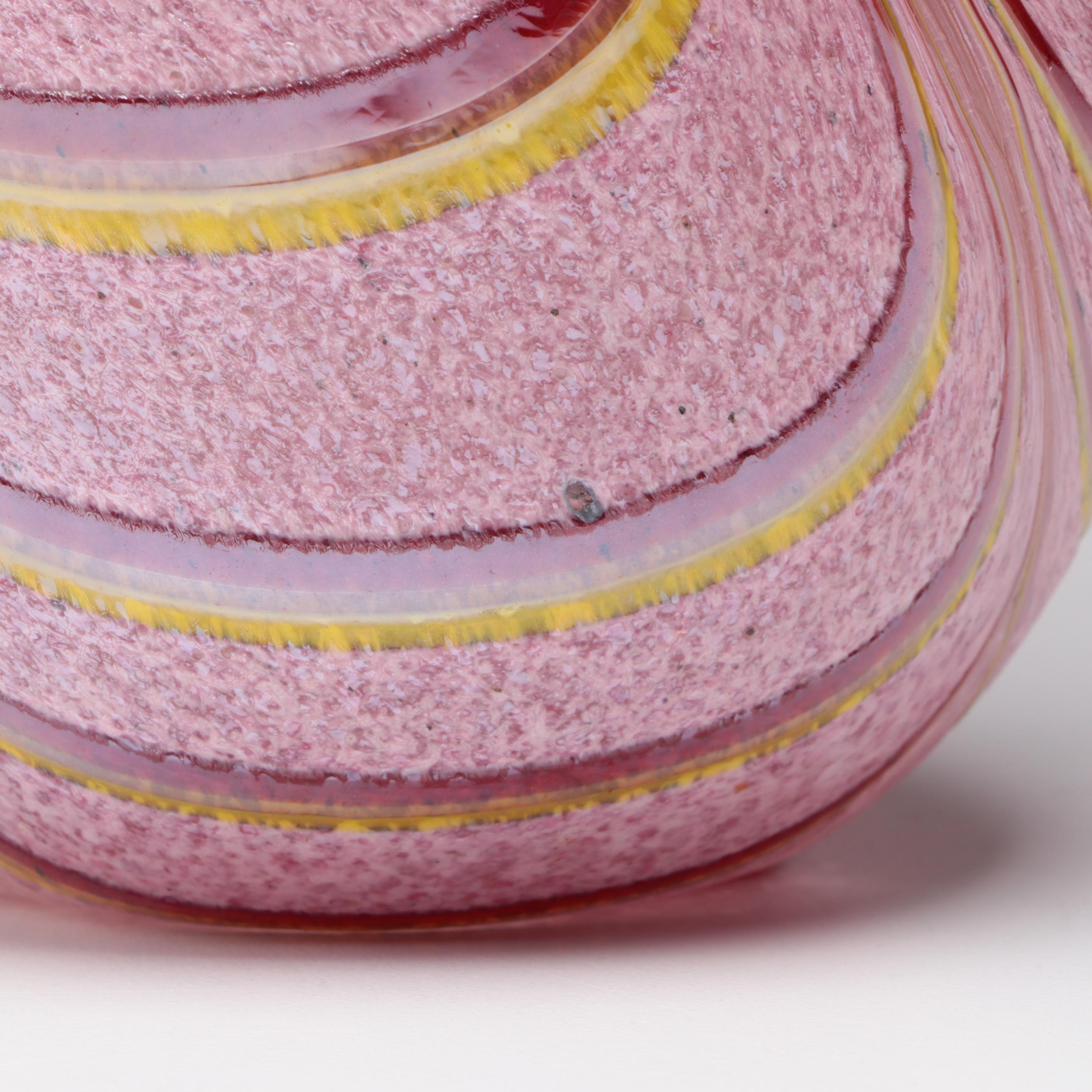 Murano Style Pink with Red and Yellow Pulled Feather Blown Art Glass Vase