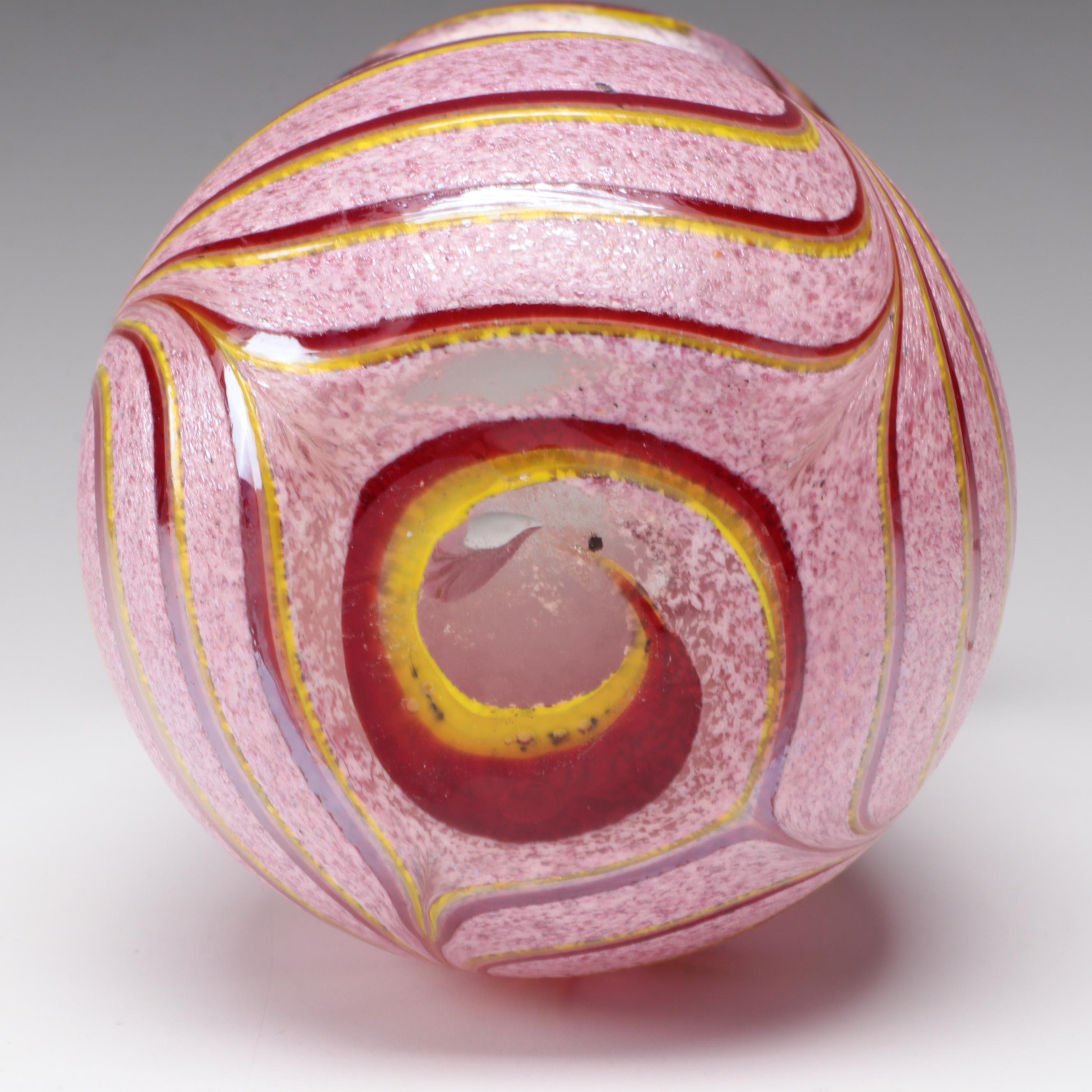 Murano Style Pink with Red and Yellow Pulled Feather Blown Art Glass Vase