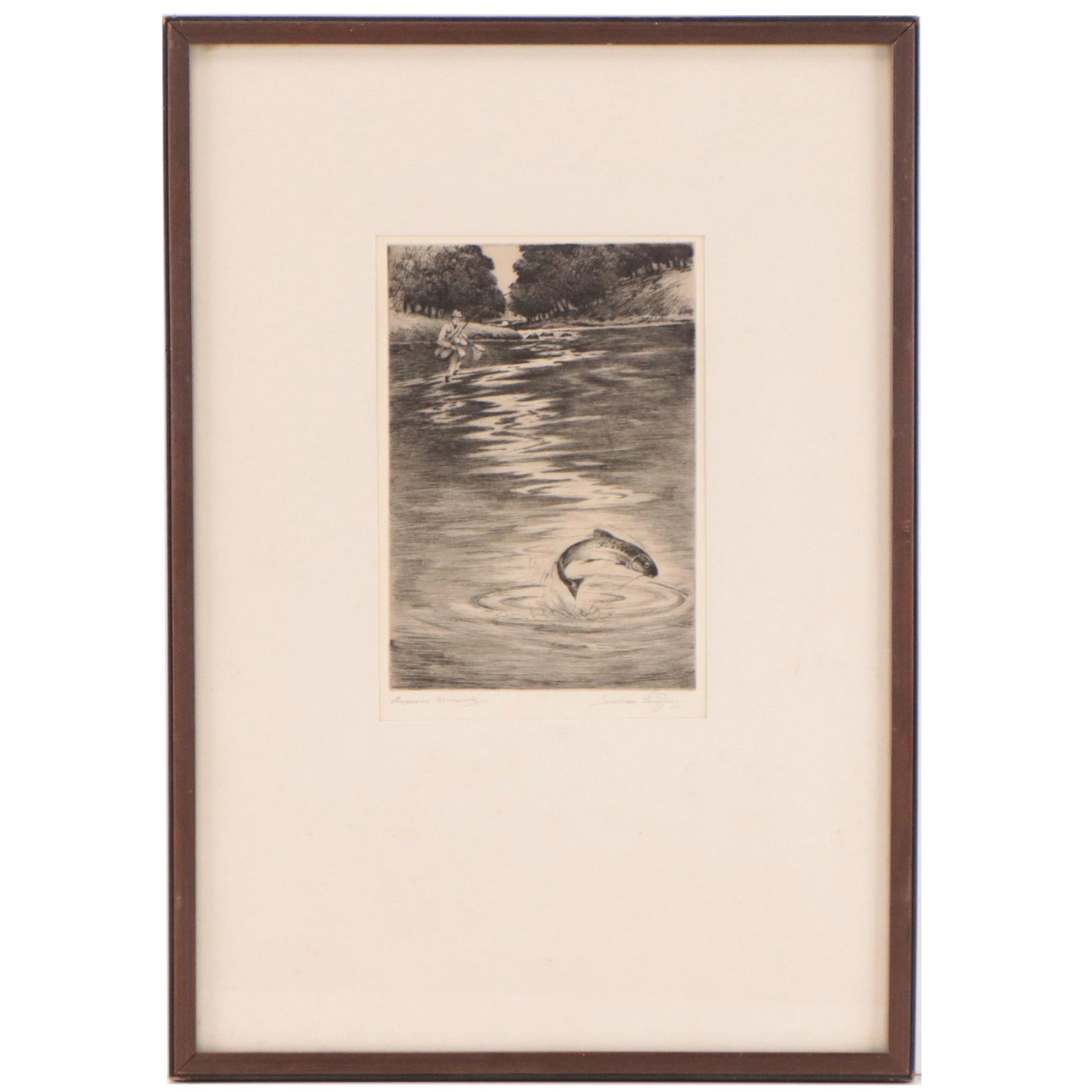 Henry Jackson Simpson Etching of Fly Fisherman "Anxious Moments," Circa 1949