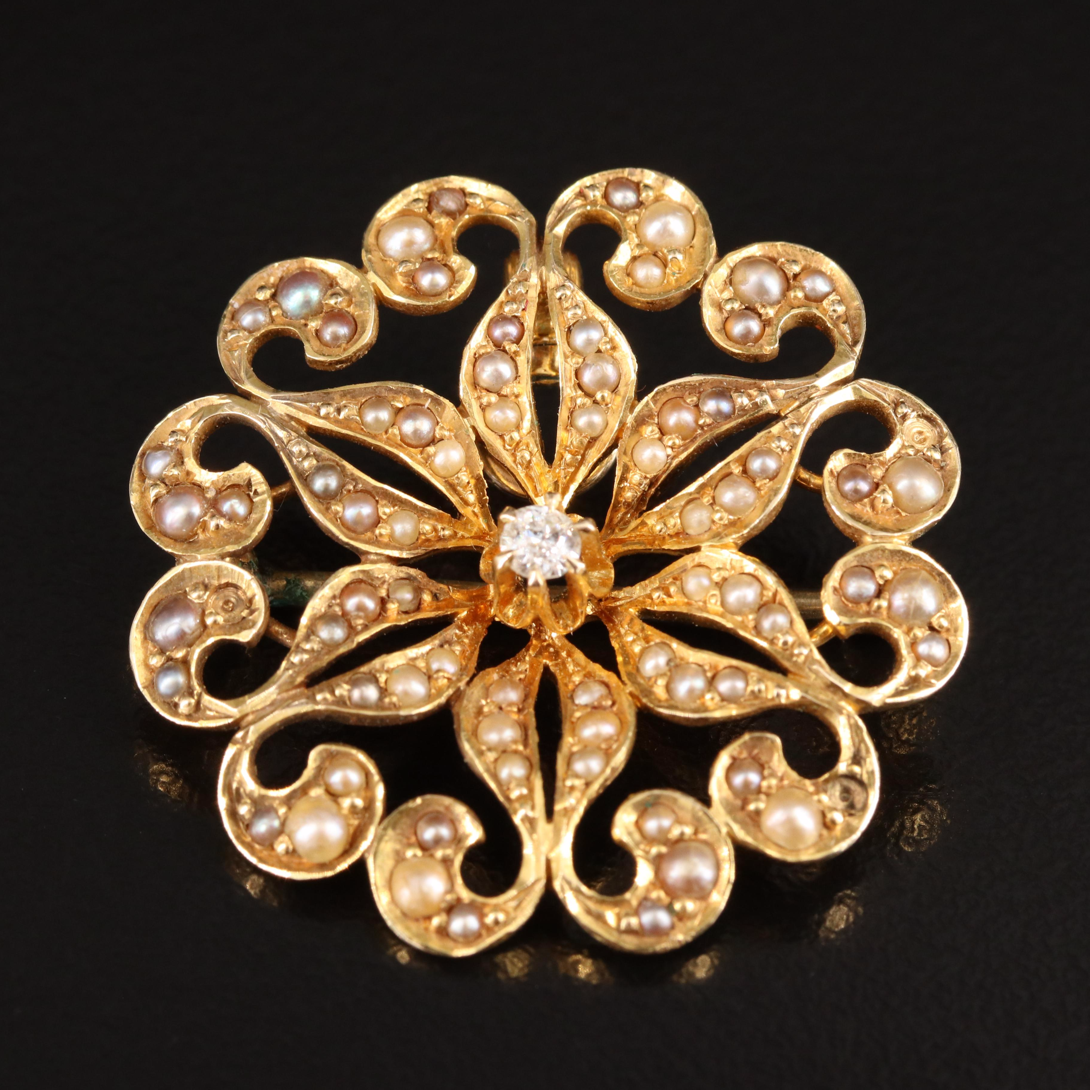 Art Nouveau 14K Diamond and Seed Pearl Converter Brooch