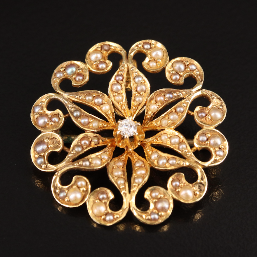 Art Nouveau 14K Diamond and Seed Pearl Converter Brooch