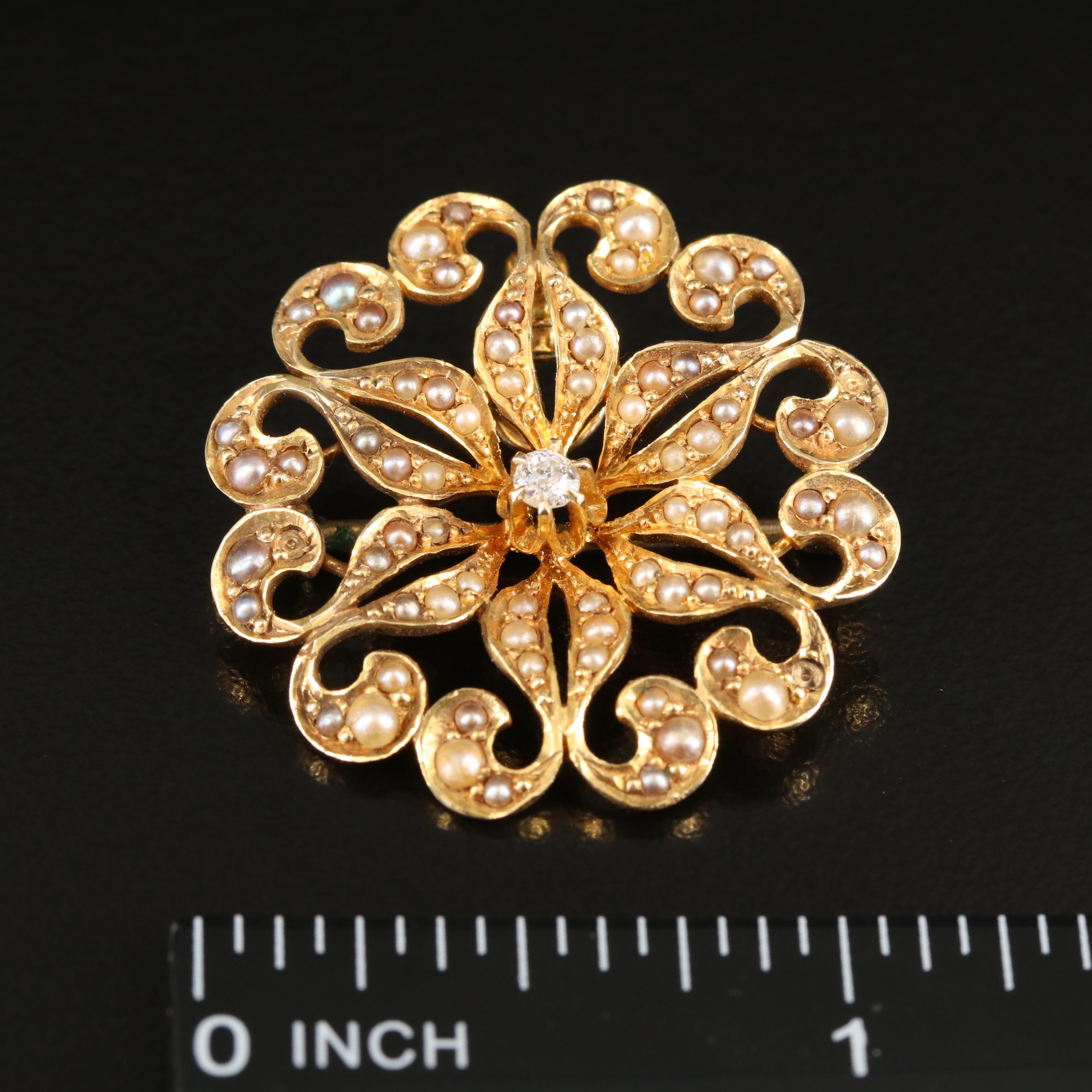 Art Nouveau 14K Diamond and Seed Pearl Converter Brooch