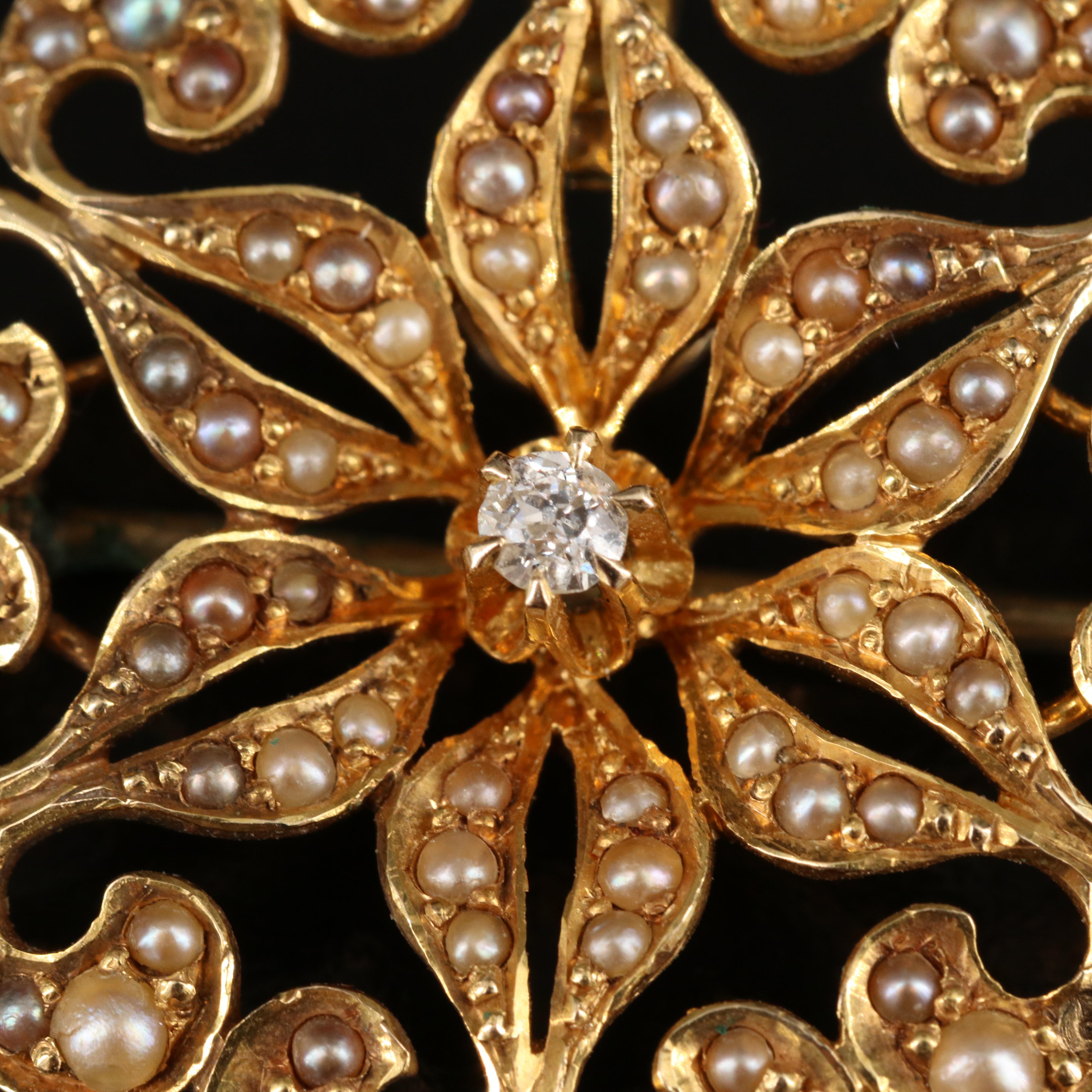 Art Nouveau 14K Diamond and Seed Pearl Converter Brooch