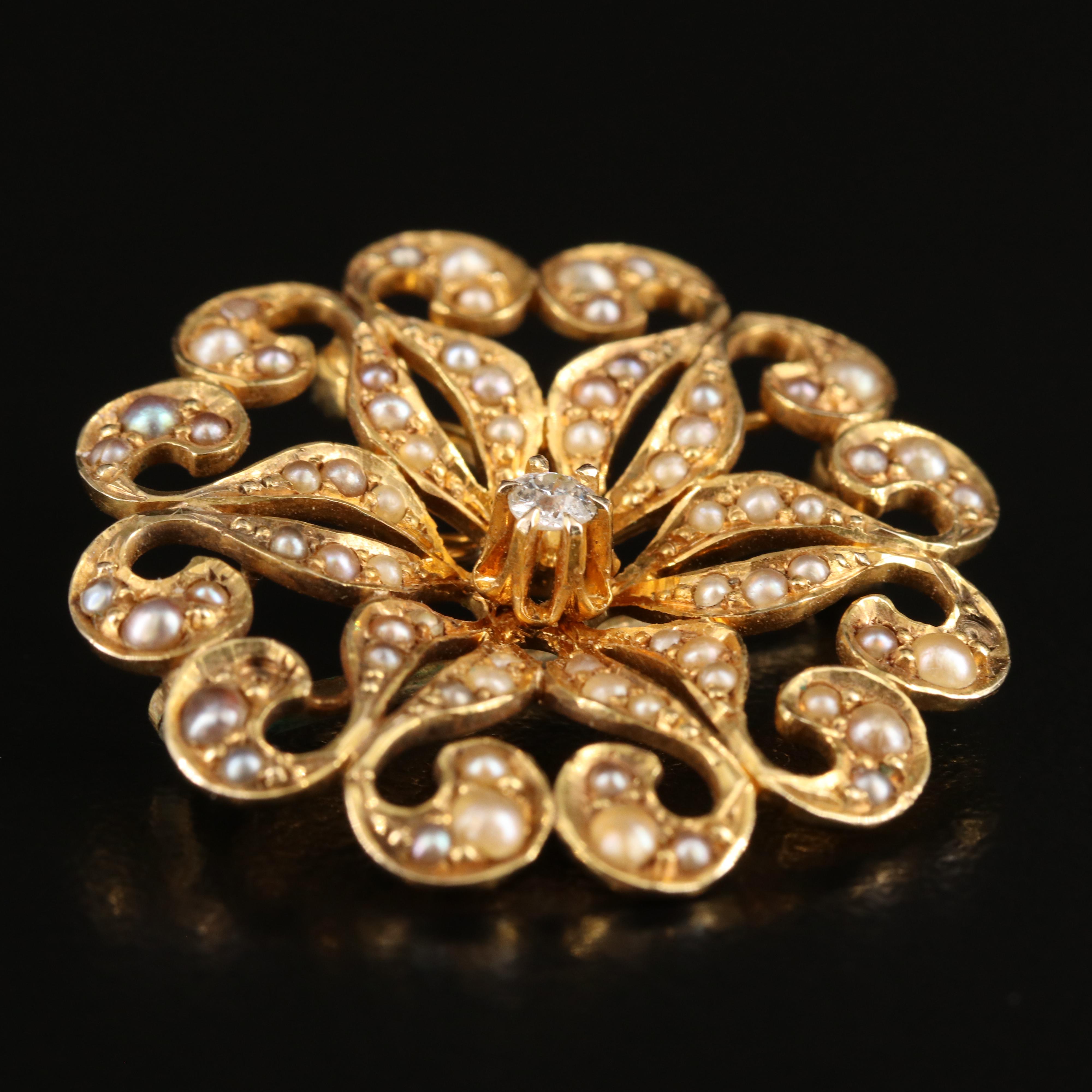 Art Nouveau 14K Diamond and Seed Pearl Converter Brooch